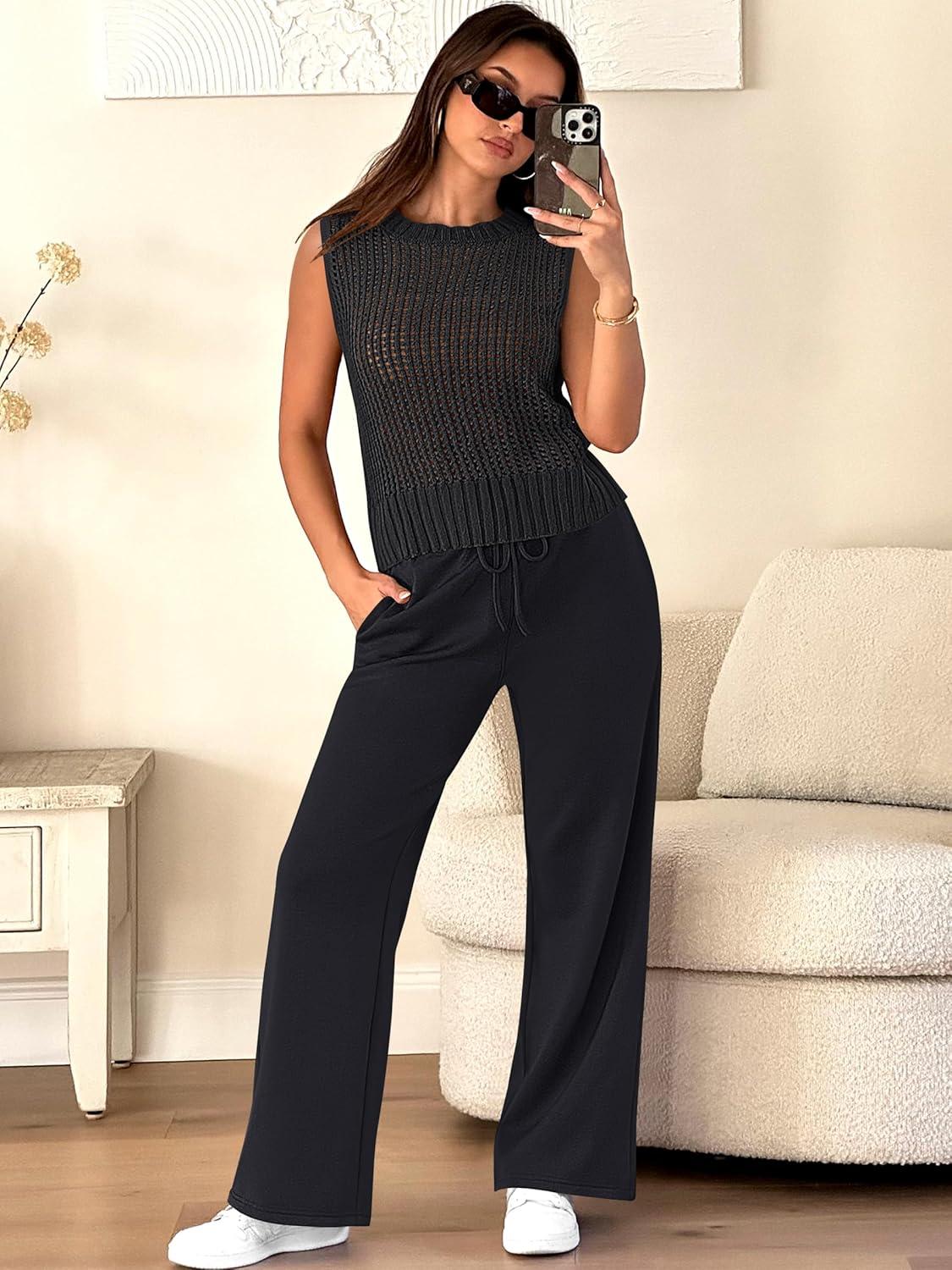 imageANRABESS Women 2 Piece Summer Outfits 2025 Crochet Sweater Vest Wide Leg Pants Lounge Matching Sets Travel Vacation ClothesBlack