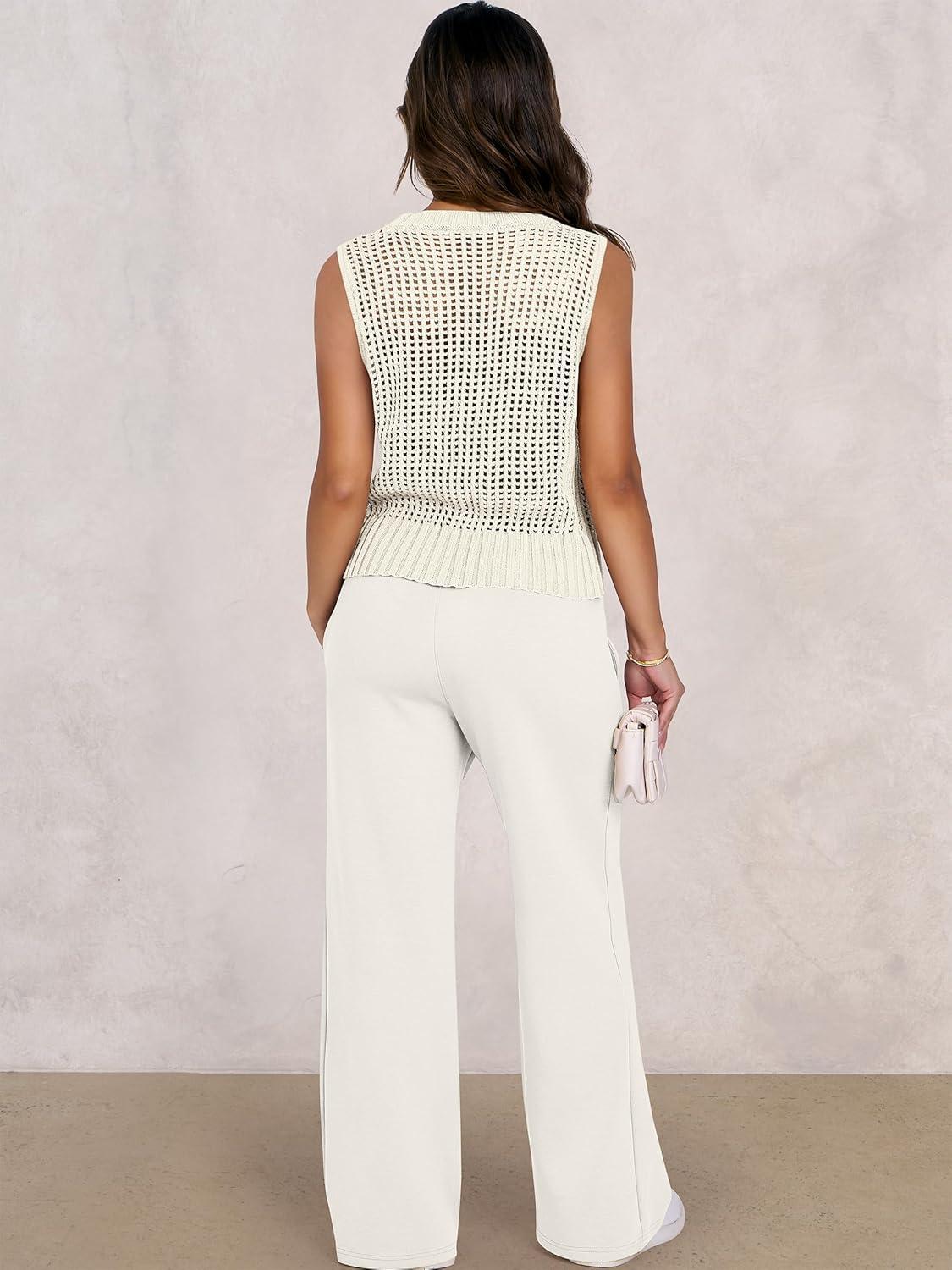 imageANRABESS Women 2 Piece Summer Outfits 2025 Crochet Sweater Vest Wide Leg Pants Lounge Matching Sets Travel Vacation ClothesCreamy White