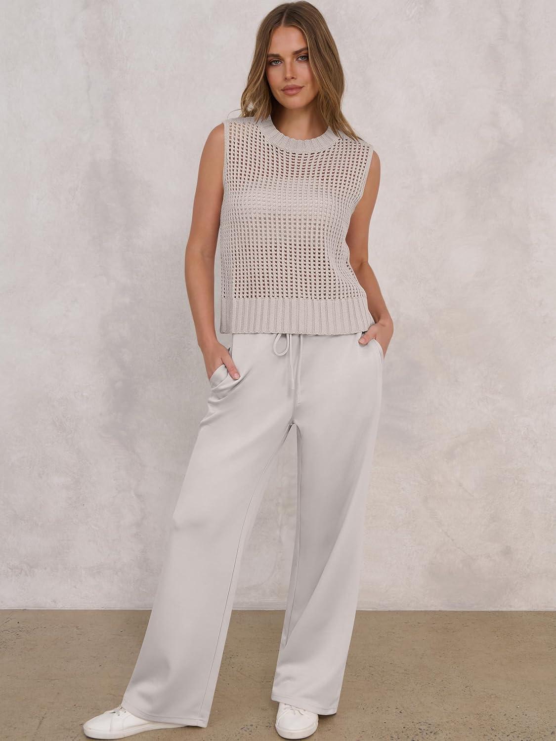 imageANRABESS Women 2 Piece Summer Outfits 2025 Crochet Sweater Vest Wide Leg Pants Lounge Matching Sets Travel Vacation ClothesLight Khaki