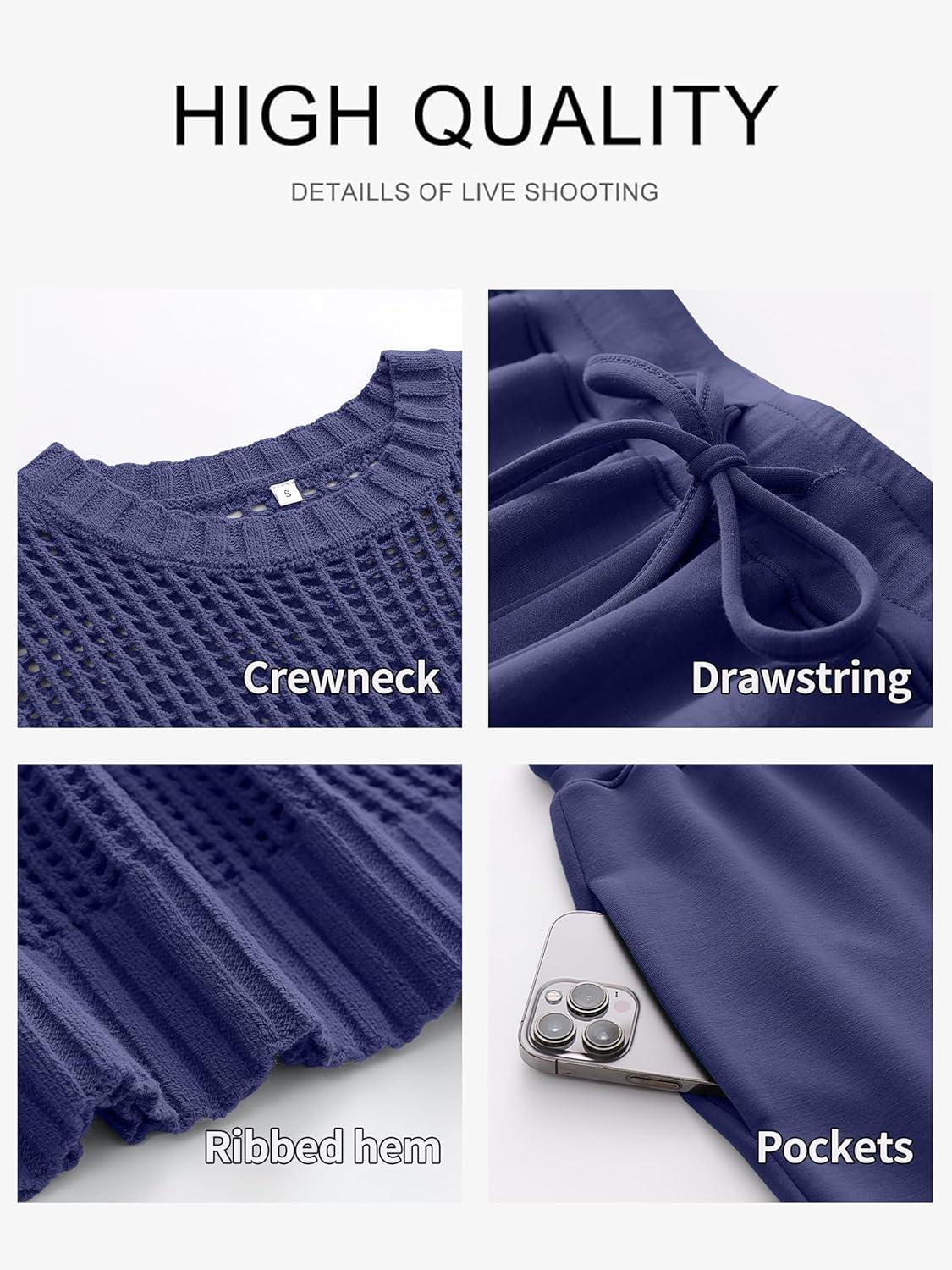 imageANRABESS Women 2 Piece Summer Outfits 2025 Crochet Sweater Vest Wide Leg Pants Lounge Matching Sets Travel Vacation ClothesNavy Blue