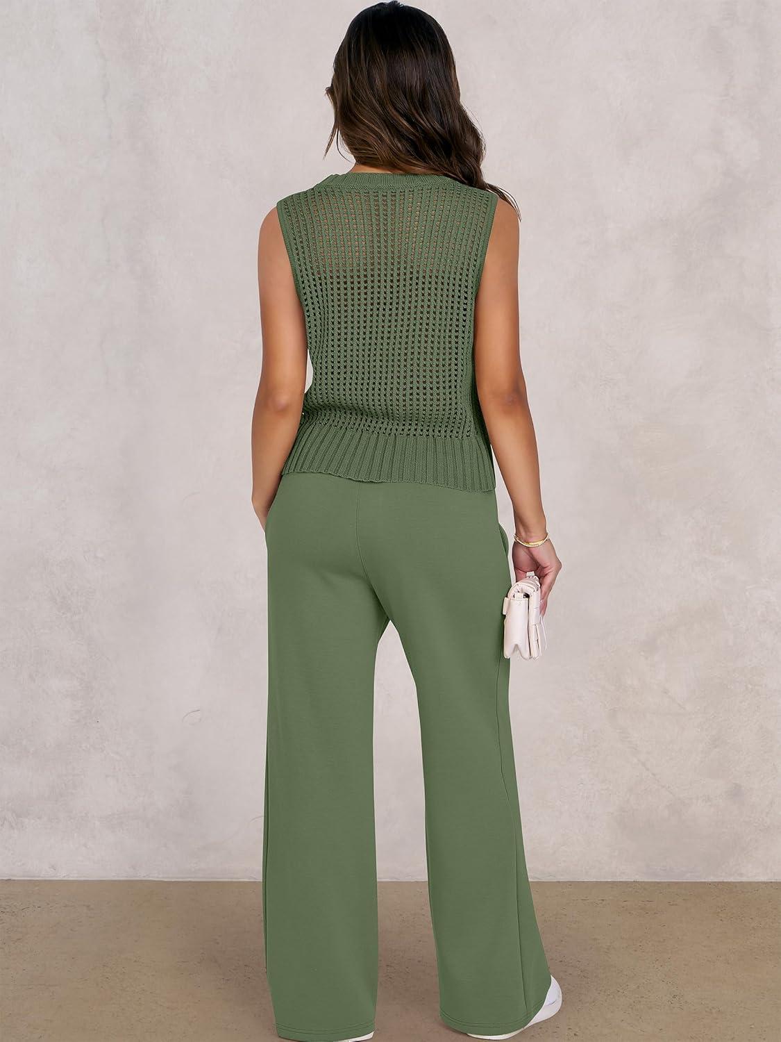 imageANRABESS Women 2 Piece Summer Outfits 2025 Crochet Sweater Vest Wide Leg Pants Lounge Matching Sets Travel Vacation ClothesOlive Green