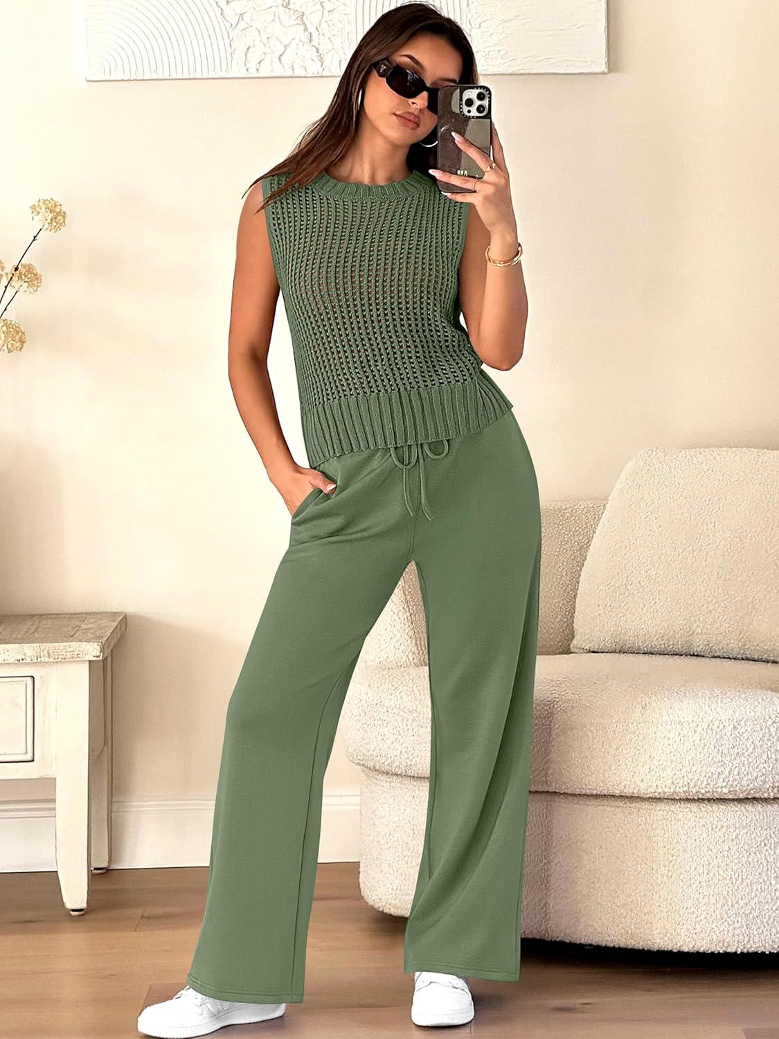 imageANRABESS Women 2 Piece Summer Outfits 2025 Crochet Sweater Vest Wide Leg Pants Lounge Matching Sets Travel Vacation ClothesOlive Green