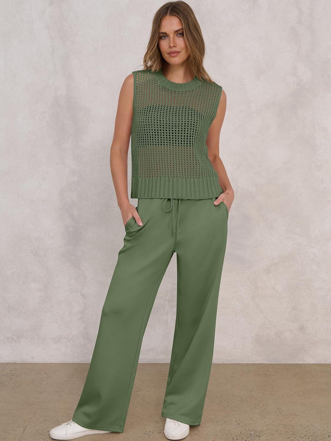 imageANRABESS Women 2 Piece Summer Outfits 2025 Crochet Sweater Vest Wide Leg Pants Lounge Matching Sets Travel Vacation ClothesOlive Green