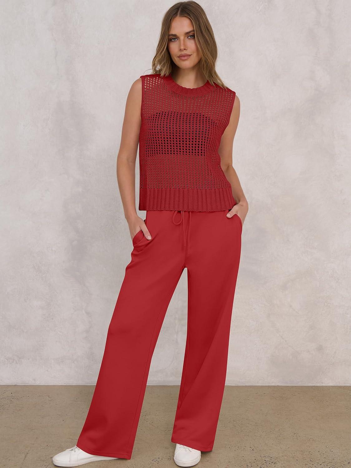 imageANRABESS Women 2 Piece Summer Outfits 2025 Crochet Sweater Vest Wide Leg Pants Lounge Matching Sets Travel Vacation ClothesRed