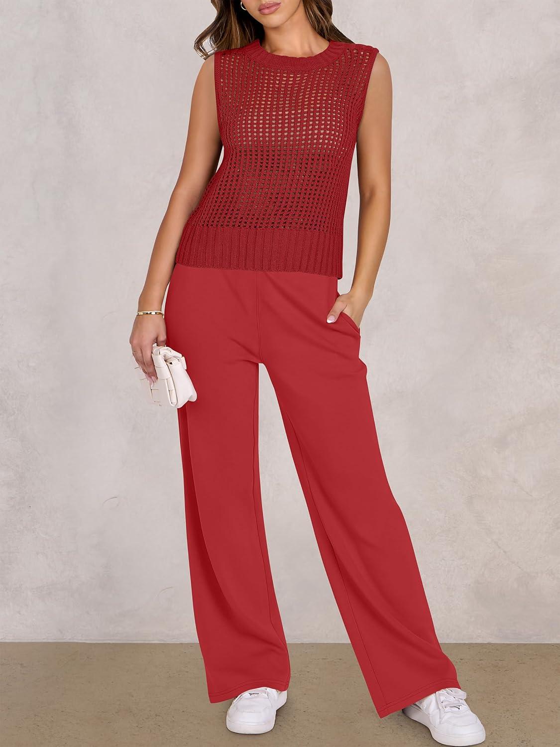 imageANRABESS Women 2 Piece Summer Outfits 2025 Crochet Sweater Vest Wide Leg Pants Lounge Matching Sets Travel Vacation ClothesRed