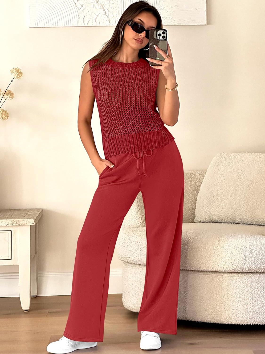 imageANRABESS Women 2 Piece Summer Outfits 2025 Crochet Sweater Vest Wide Leg Pants Lounge Matching Sets Travel Vacation ClothesRed