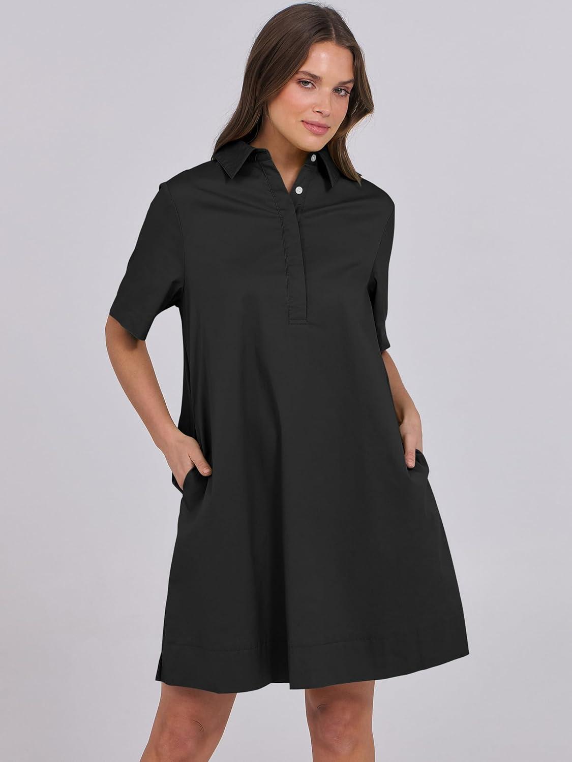 imageANRABESS Women Button Down Shirts Dress Summer Casual Oversized Short Sleeve Mini Dresses with Pockets 2025 TrendyBlack