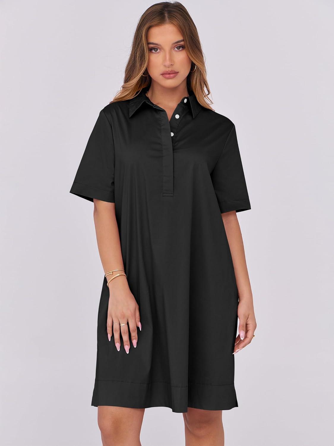 imageANRABESS Women Button Down Shirts Dress Summer Casual Oversized Short Sleeve Mini Dresses with Pockets 2025 TrendyBlack
