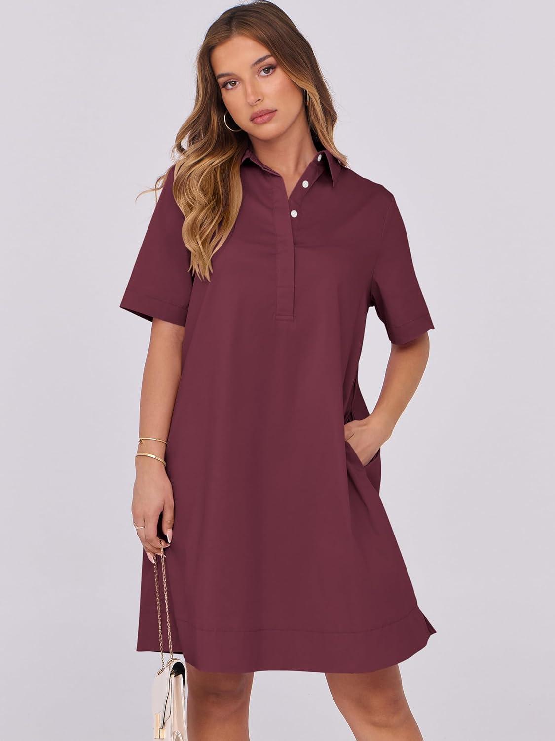 imageANRABESS Women Button Down Shirts Dress Summer Casual Oversized Short Sleeve Mini Dresses with Pockets 2025 TrendyBurgundy