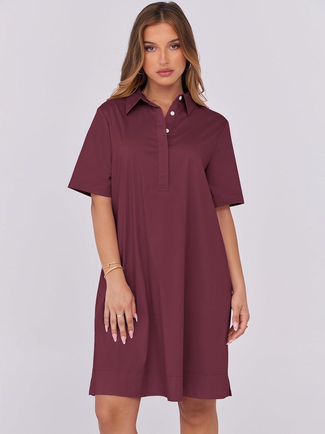 imageANRABESS Women Button Down Shirts Dress Summer Casual Oversized Short Sleeve Mini Dresses with Pockets 2025 TrendyBurgundy