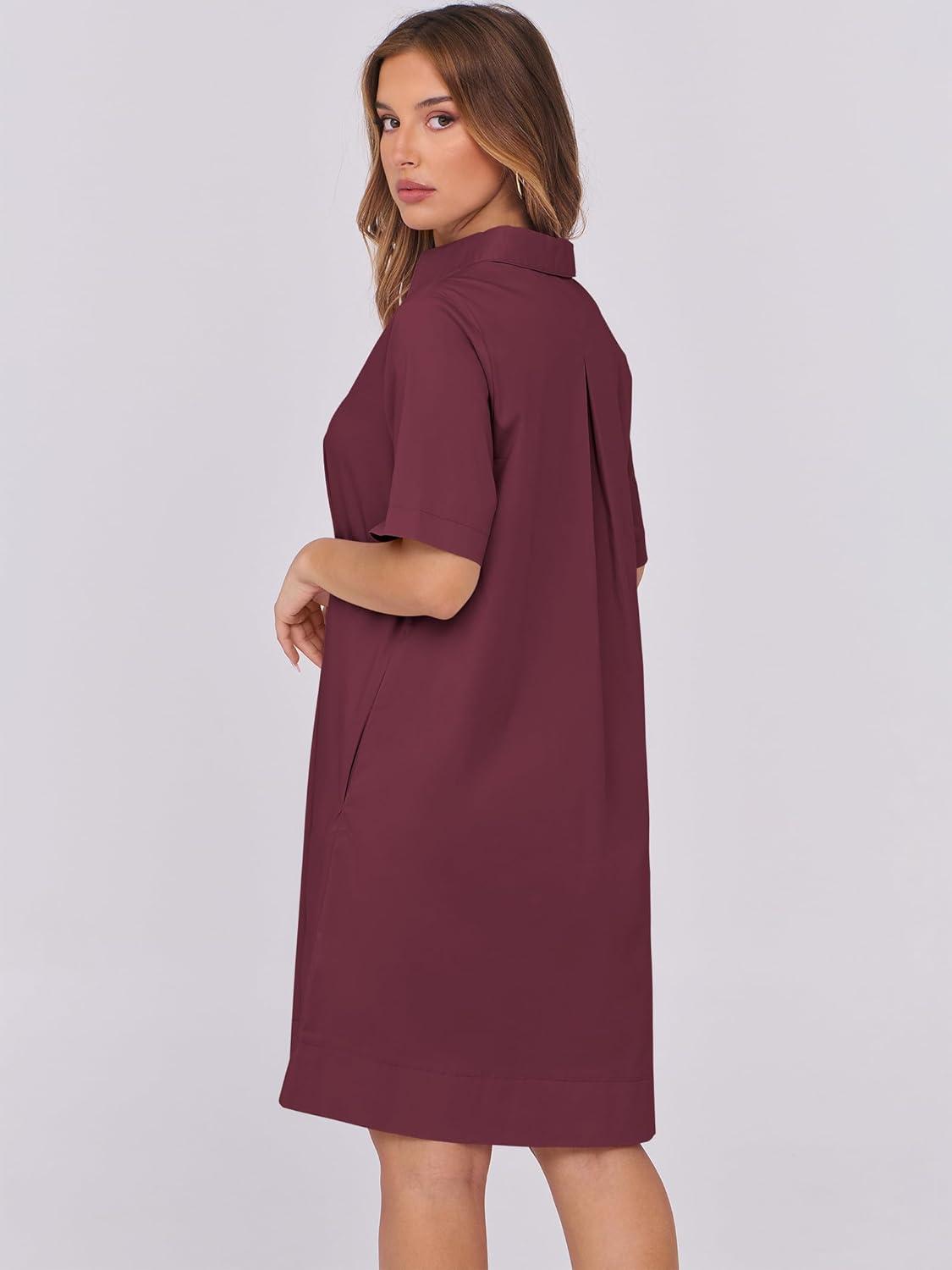 imageANRABESS Women Button Down Shirts Dress Summer Casual Oversized Short Sleeve Mini Dresses with Pockets 2025 TrendyBurgundy