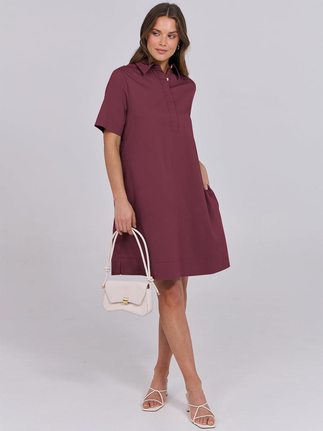 imageANRABESS Women Button Down Shirts Dress Summer Casual Oversized Short Sleeve Mini Dresses with Pockets 2025 TrendyBurgundy