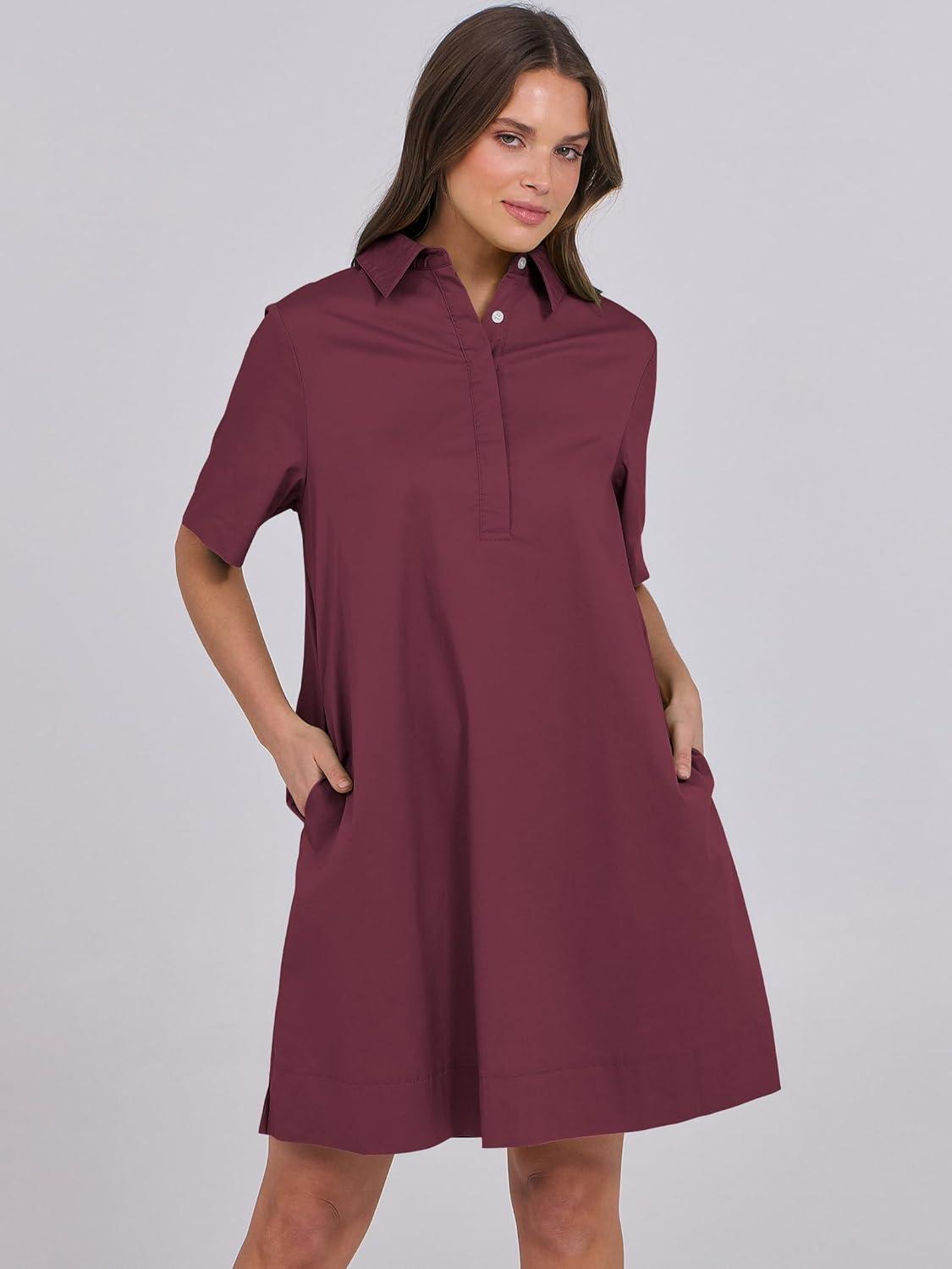 imageANRABESS Women Button Down Shirts Dress Summer Casual Oversized Short Sleeve Mini Dresses with Pockets 2025 TrendyBurgundy
