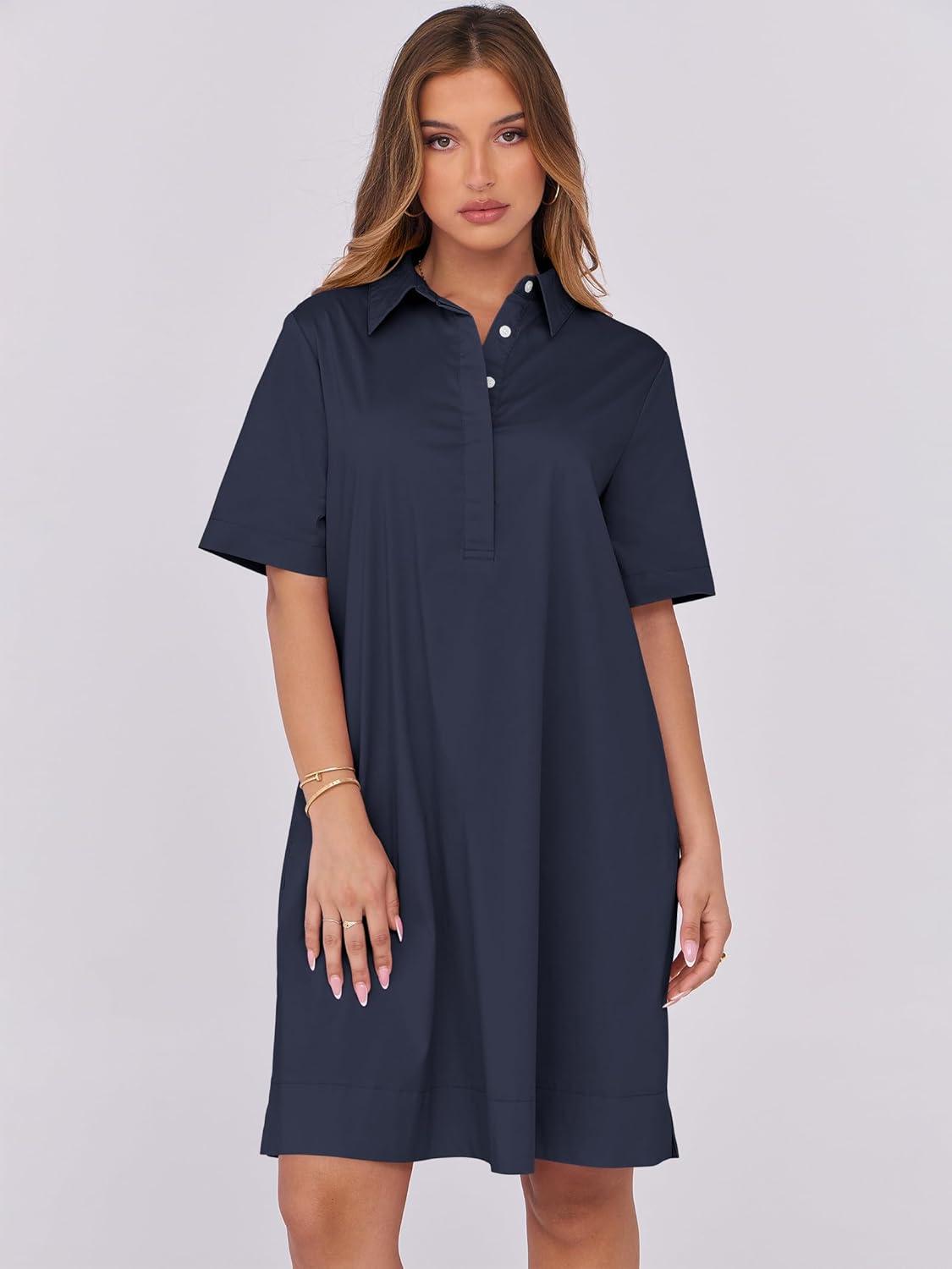 imageANRABESS Women Button Down Shirts Dress Summer Casual Oversized Short Sleeve Mini Dresses with Pockets 2025 TrendyNavy Blue
