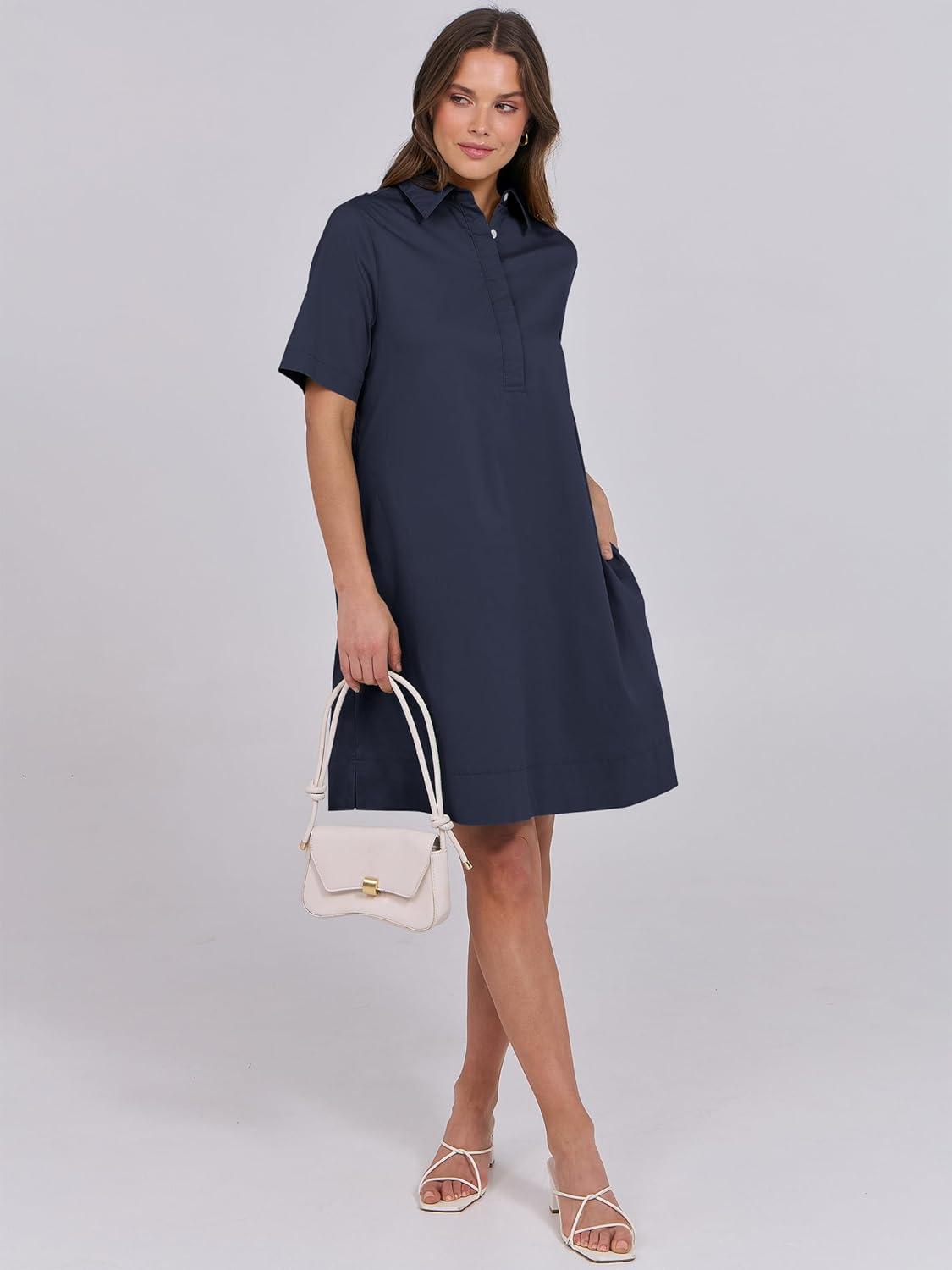 imageANRABESS Women Button Down Shirts Dress Summer Casual Oversized Short Sleeve Mini Dresses with Pockets 2025 TrendyNavy Blue