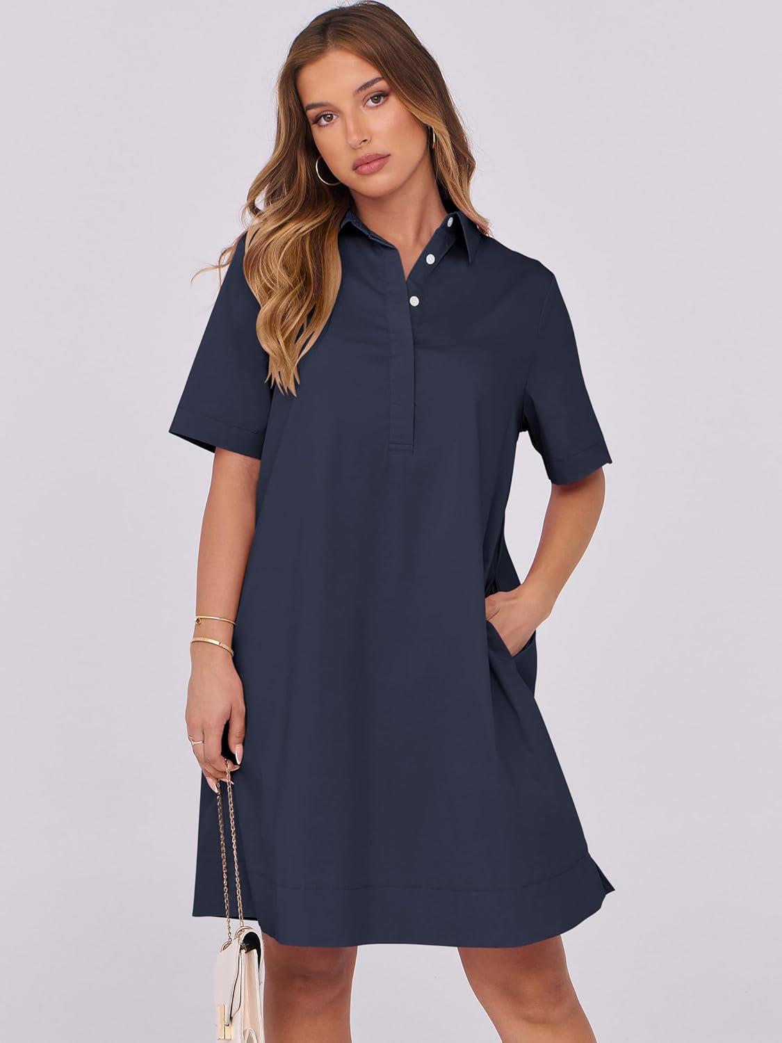 imageANRABESS Women Button Down Shirts Dress Summer Casual Oversized Short Sleeve Mini Dresses with Pockets 2025 TrendyNavy Blue