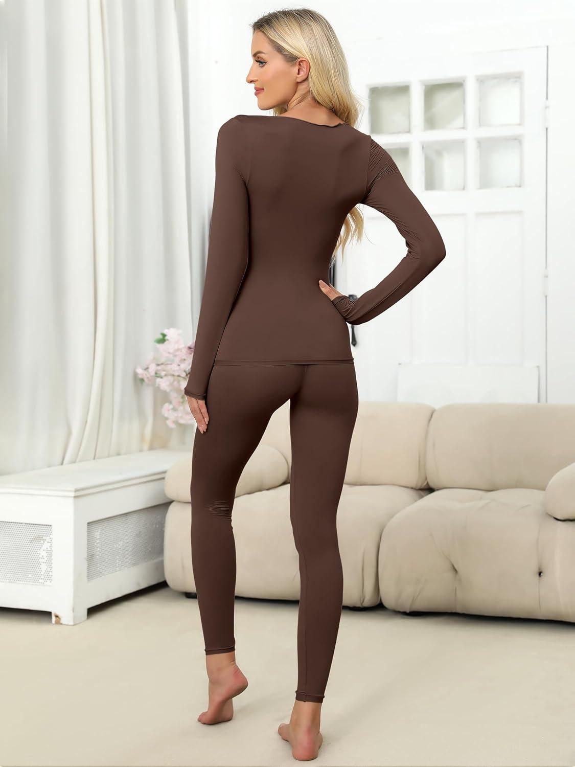 imageANRABESS Women Lightweight See Through Sexy Thermal Underwear Sets Fall Ultra Stretchy 2 Piece Pajamas Lounge Basic Layer SetCoffee