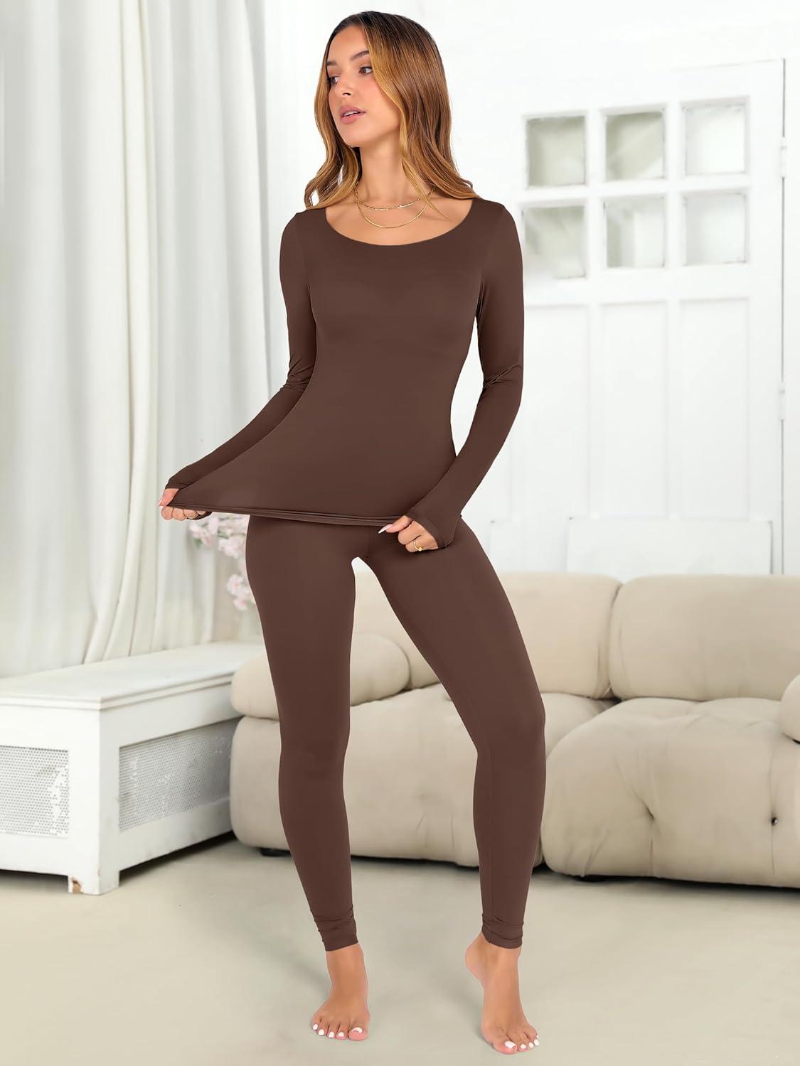imageANRABESS Women Lightweight See Through Sexy Thermal Underwear Sets Fall Ultra Stretchy 2 Piece Pajamas Lounge Basic Layer SetCoffee