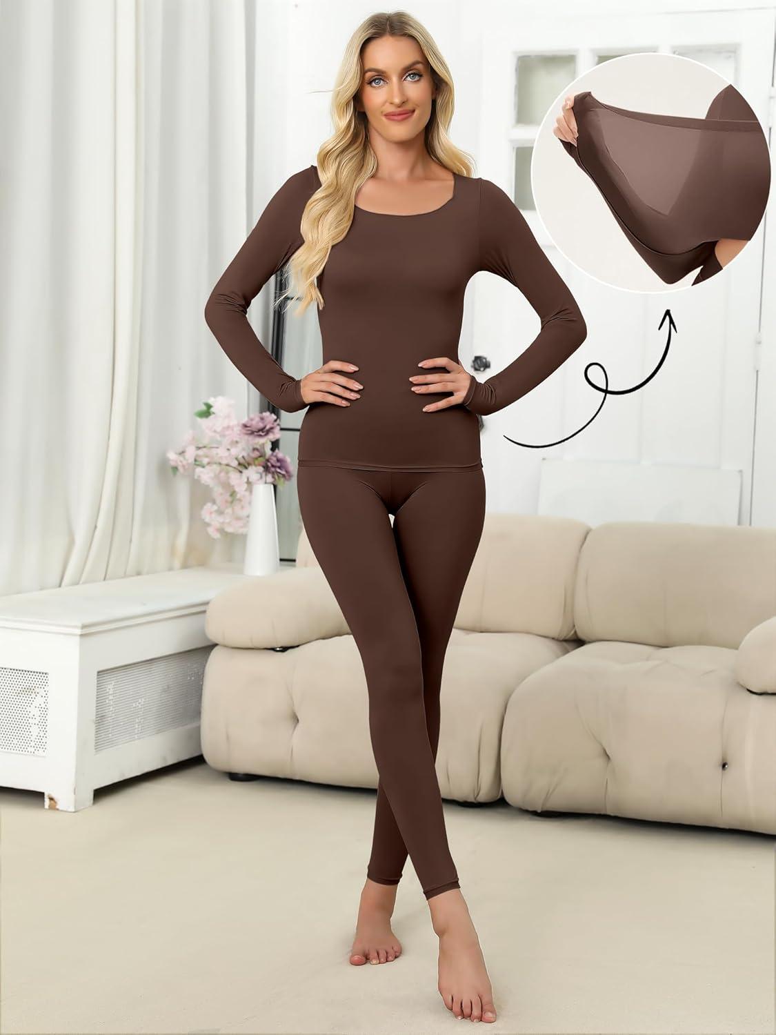 imageANRABESS Women Lightweight See Through Sexy Thermal Underwear Sets Fall Ultra Stretchy 2 Piece Pajamas Lounge Basic Layer SetCoffee