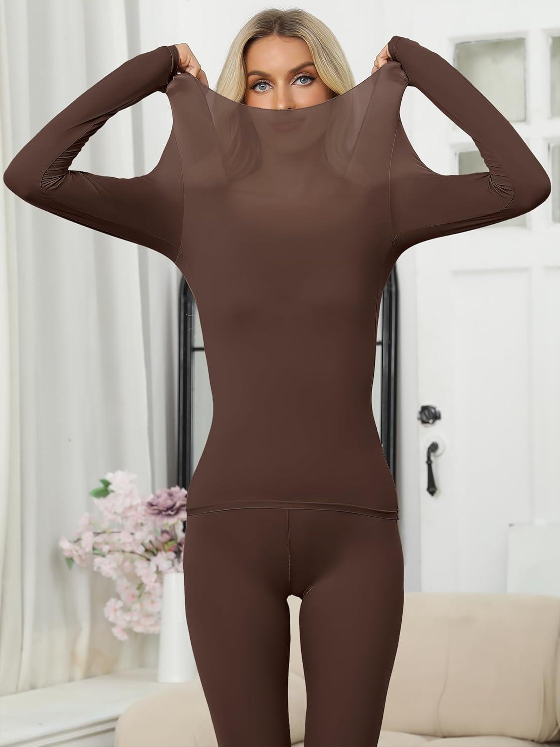 imageANRABESS Women Lightweight See Through Sexy Thermal Underwear Sets Fall Ultra Stretchy 2 Piece Pajamas Lounge Basic Layer SetCoffee
