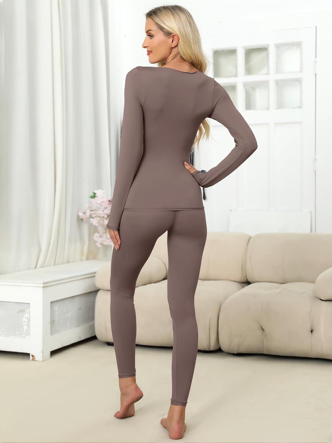 imageANRABESS Women Lightweight See Through Sexy Thermal Underwear Sets Fall Ultra Stretchy 2 Piece Pajamas Lounge Basic Layer SetDusty Brown
