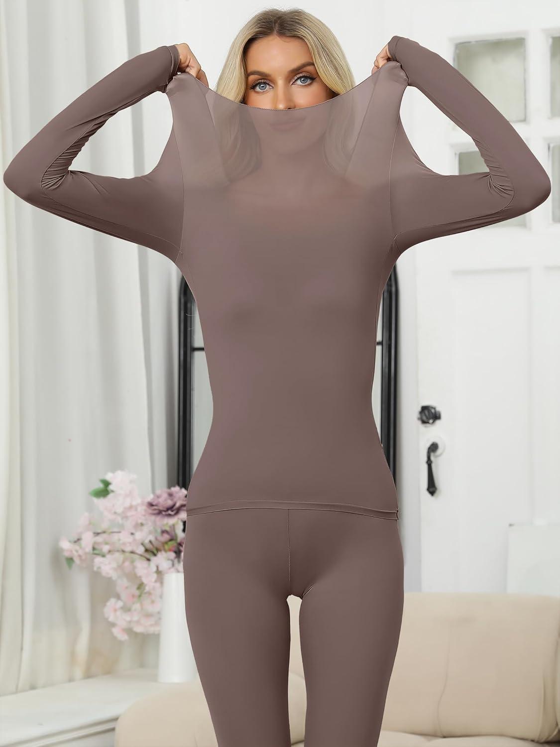 imageANRABESS Women Lightweight See Through Sexy Thermal Underwear Sets Fall Ultra Stretchy 2 Piece Pajamas Lounge Basic Layer SetDusty Brown