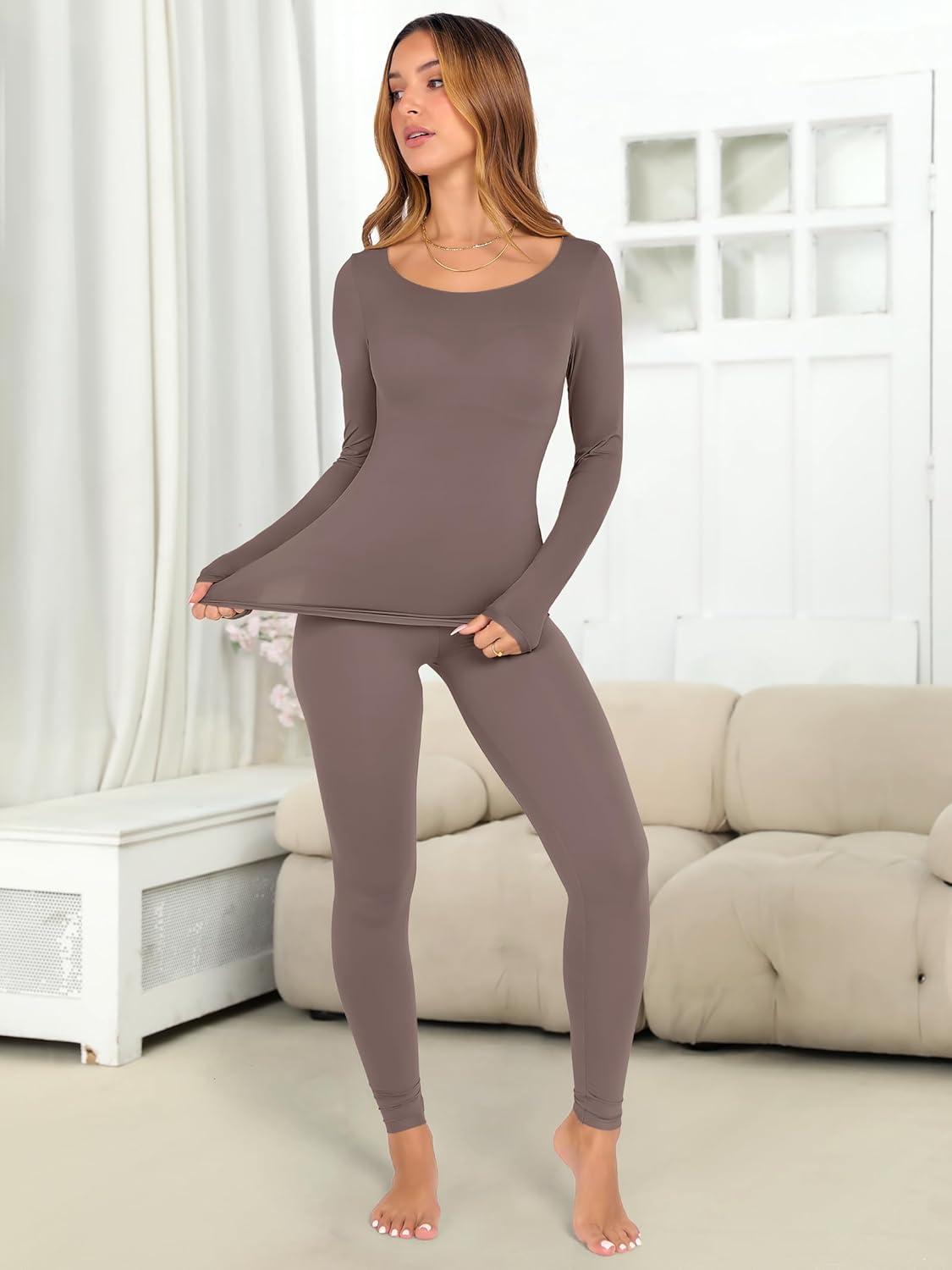 imageANRABESS Women Lightweight See Through Sexy Thermal Underwear Sets Fall Ultra Stretchy 2 Piece Pajamas Lounge Basic Layer SetDusty Brown