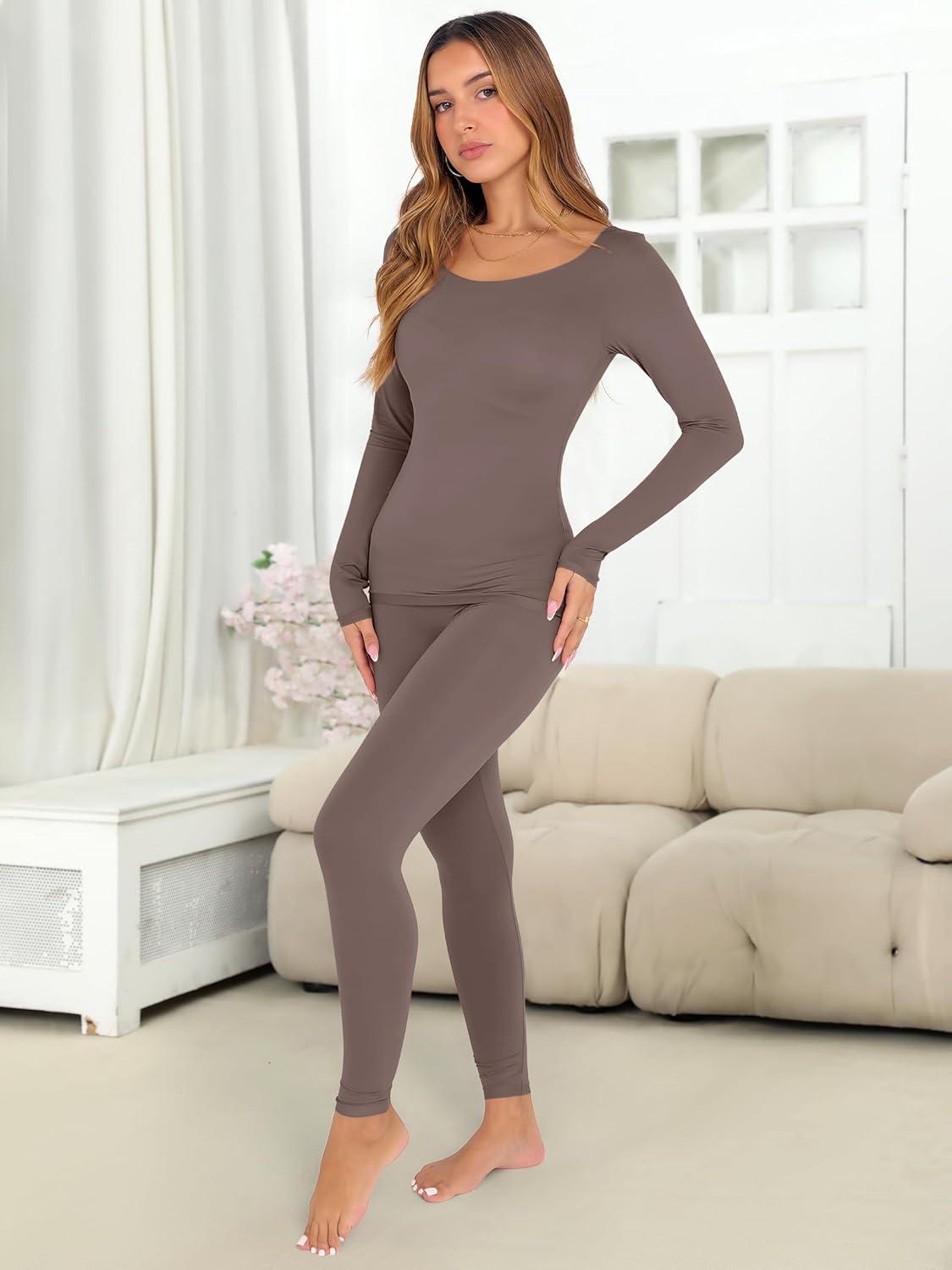 imageANRABESS Women Lightweight See Through Sexy Thermal Underwear Sets Fall Ultra Stretchy 2 Piece Pajamas Lounge Basic Layer SetDusty Brown