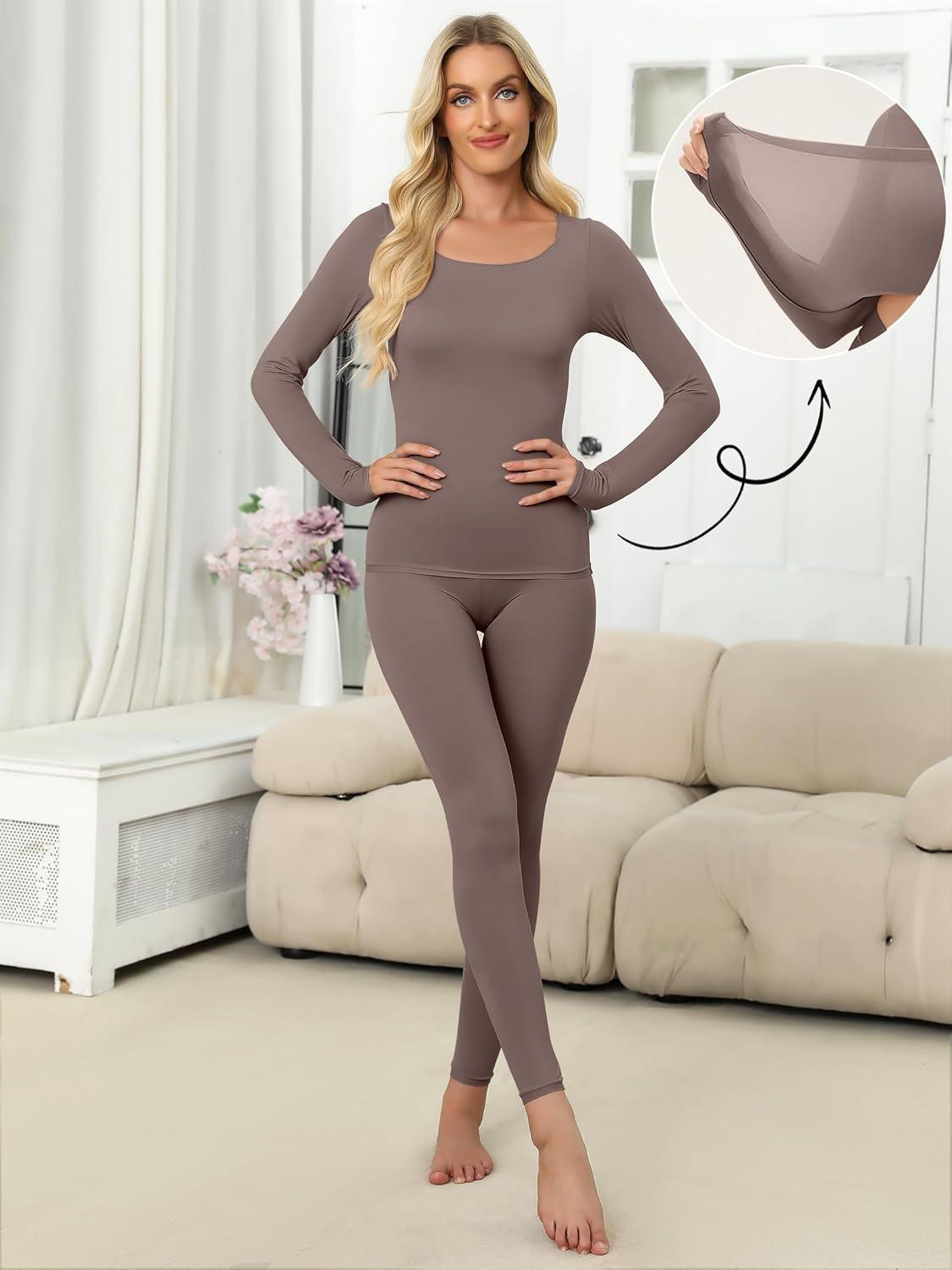 imageANRABESS Women Lightweight See Through Sexy Thermal Underwear Sets Fall Ultra Stretchy 2 Piece Pajamas Lounge Basic Layer SetDusty Brown