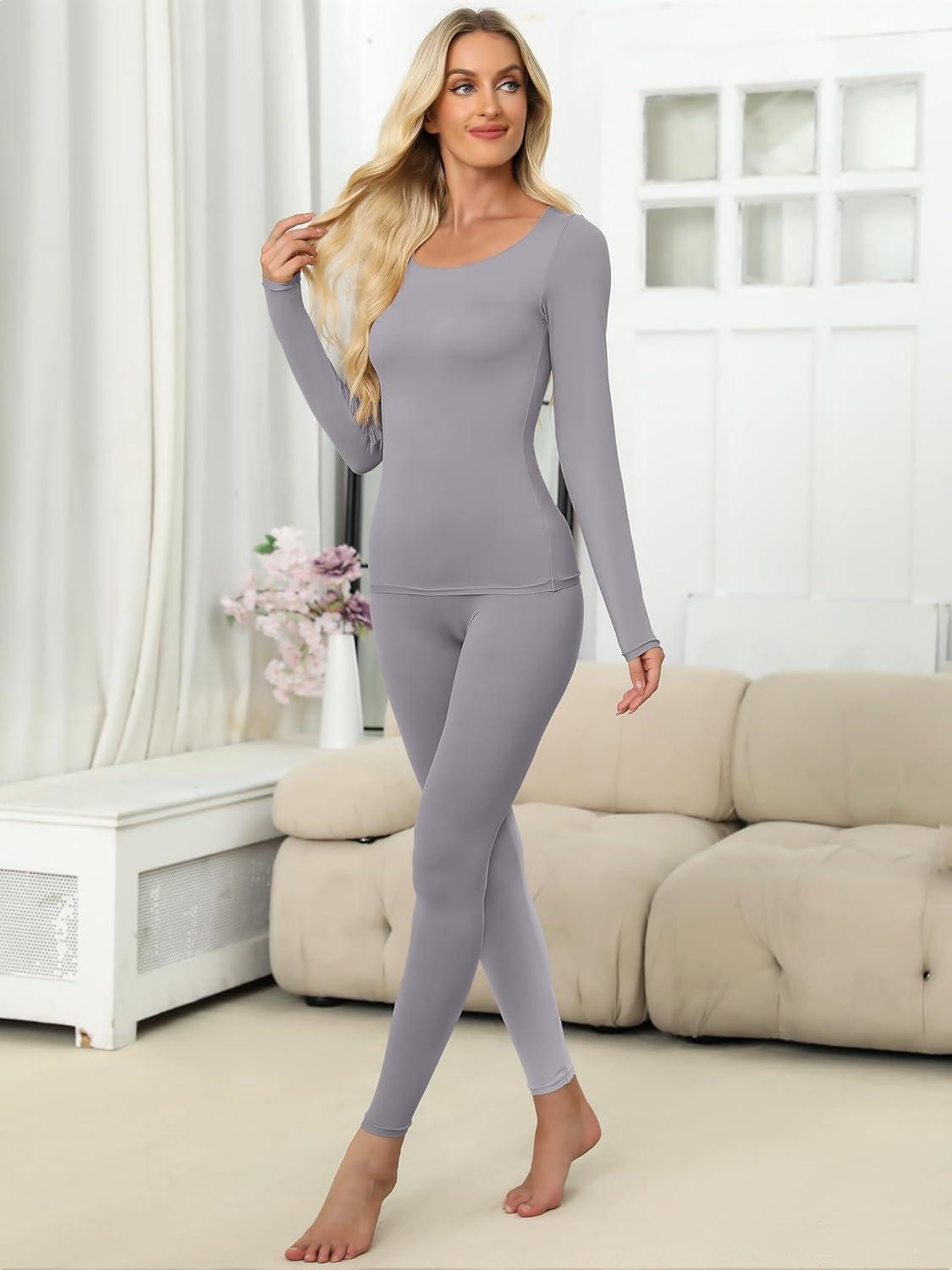 imageANRABESS Women Lightweight See Through Sexy Thermal Underwear Sets Fall Ultra Stretchy 2 Piece Pajamas Lounge Basic Layer SetGrey