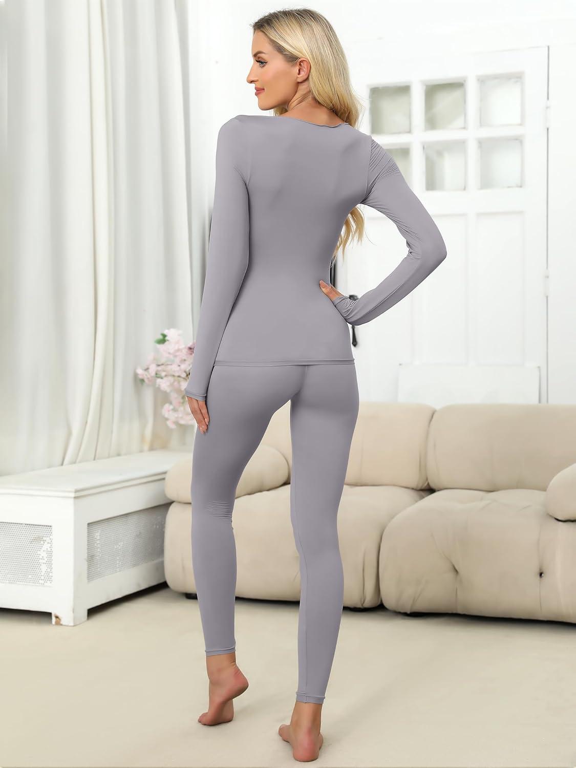 imageANRABESS Women Lightweight See Through Sexy Thermal Underwear Sets Fall Ultra Stretchy 2 Piece Pajamas Lounge Basic Layer SetGrey
