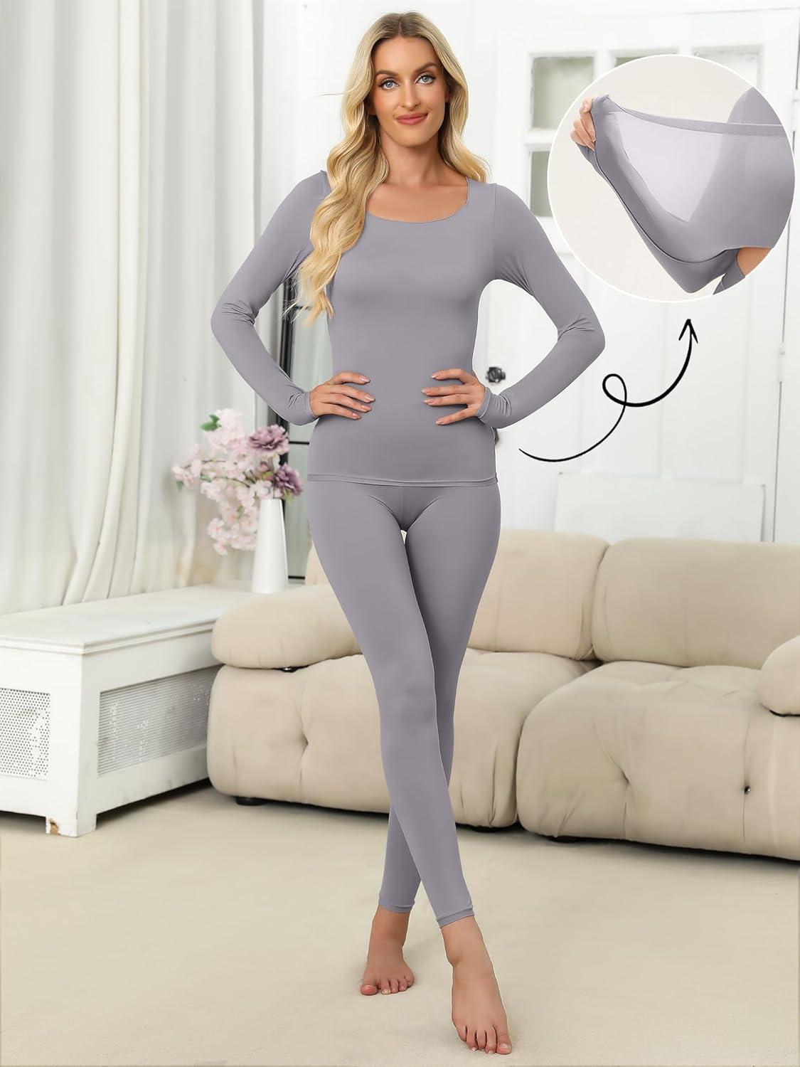 imageANRABESS Women Lightweight See Through Sexy Thermal Underwear Sets Fall Ultra Stretchy 2 Piece Pajamas Lounge Basic Layer SetGrey