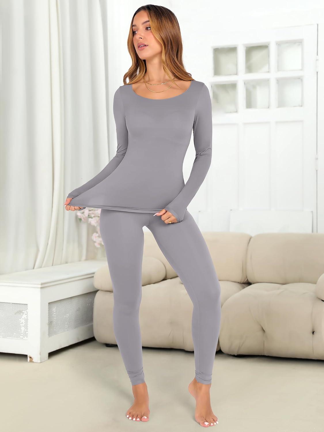 imageANRABESS Women Lightweight See Through Sexy Thermal Underwear Sets Fall Ultra Stretchy 2 Piece Pajamas Lounge Basic Layer SetGrey