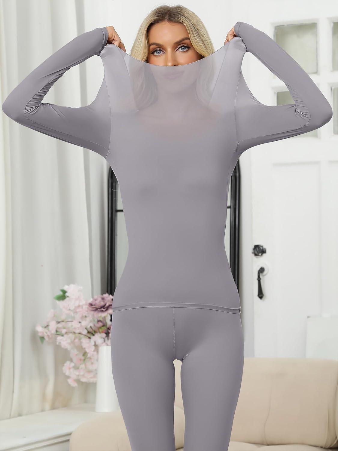imageANRABESS Women Lightweight See Through Sexy Thermal Underwear Sets Fall Ultra Stretchy 2 Piece Pajamas Lounge Basic Layer SetGrey