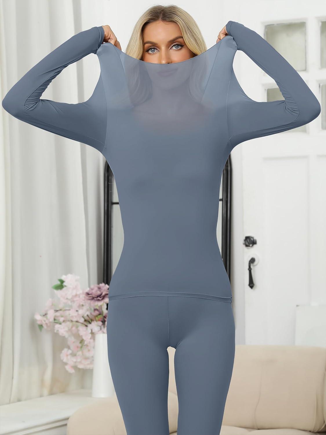 imageANRABESS Women Lightweight See Through Sexy Thermal Underwear Sets Fall Ultra Stretchy 2 Piece Pajamas Lounge Basic Layer SetGrey Blue