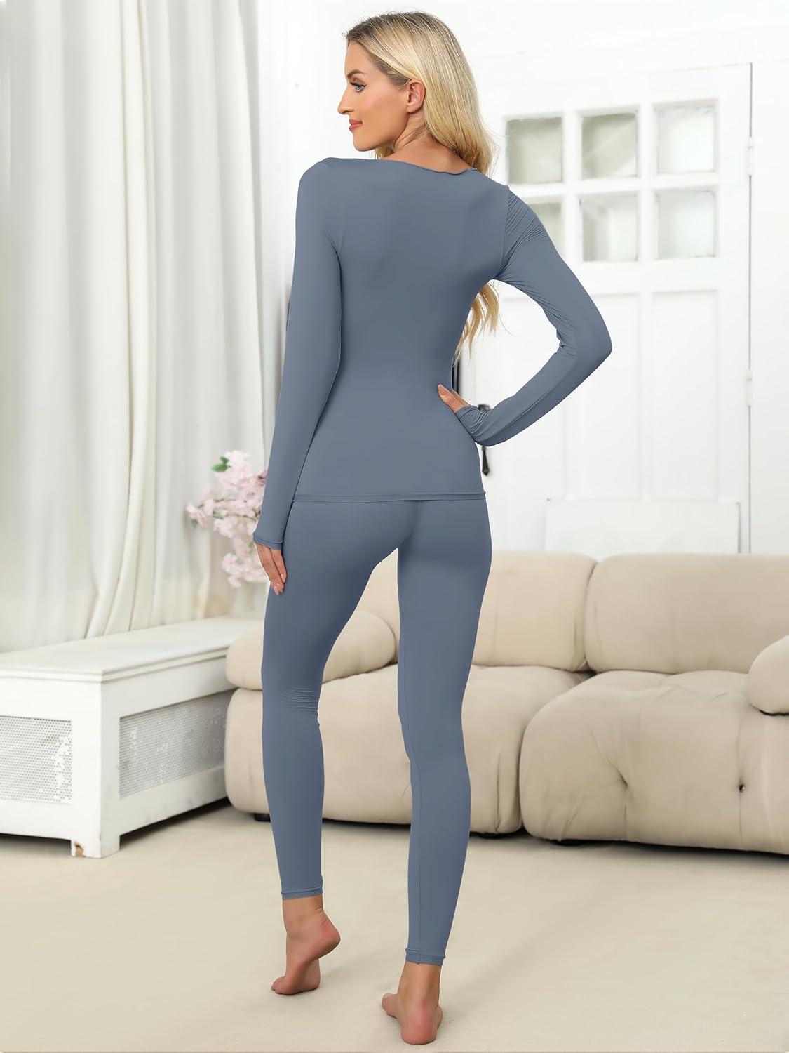 imageANRABESS Women Lightweight See Through Sexy Thermal Underwear Sets Fall Ultra Stretchy 2 Piece Pajamas Lounge Basic Layer SetGrey Blue