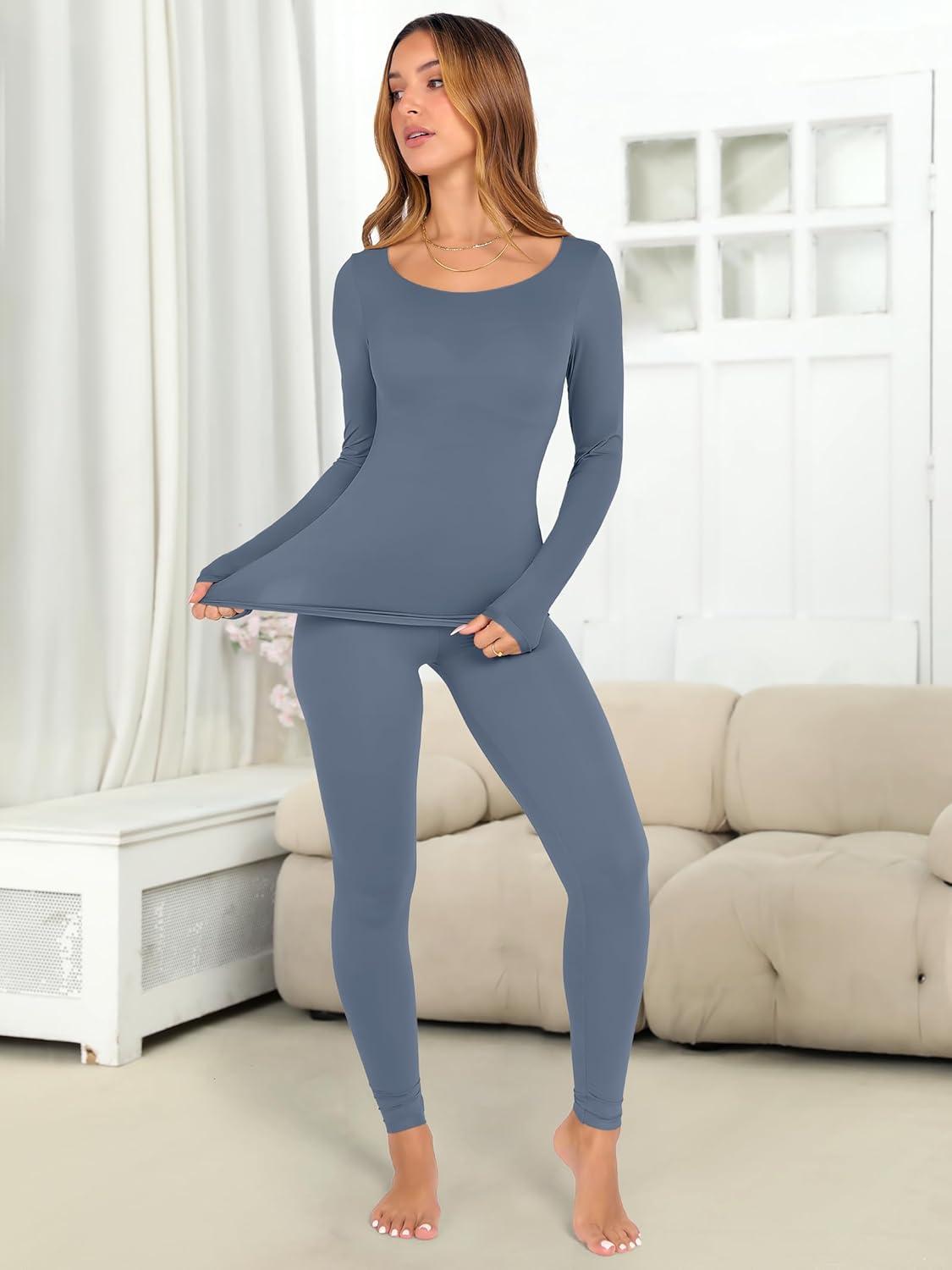 imageANRABESS Women Lightweight See Through Sexy Thermal Underwear Sets Fall Ultra Stretchy 2 Piece Pajamas Lounge Basic Layer SetGrey Blue