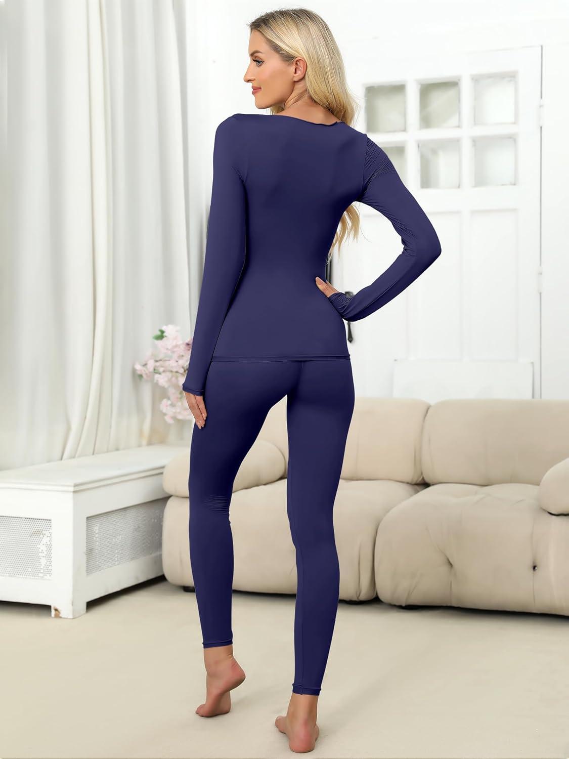 imageANRABESS Women Lightweight See Through Sexy Thermal Underwear Sets Fall Ultra Stretchy 2 Piece Pajamas Lounge Basic Layer SetNavy Blue