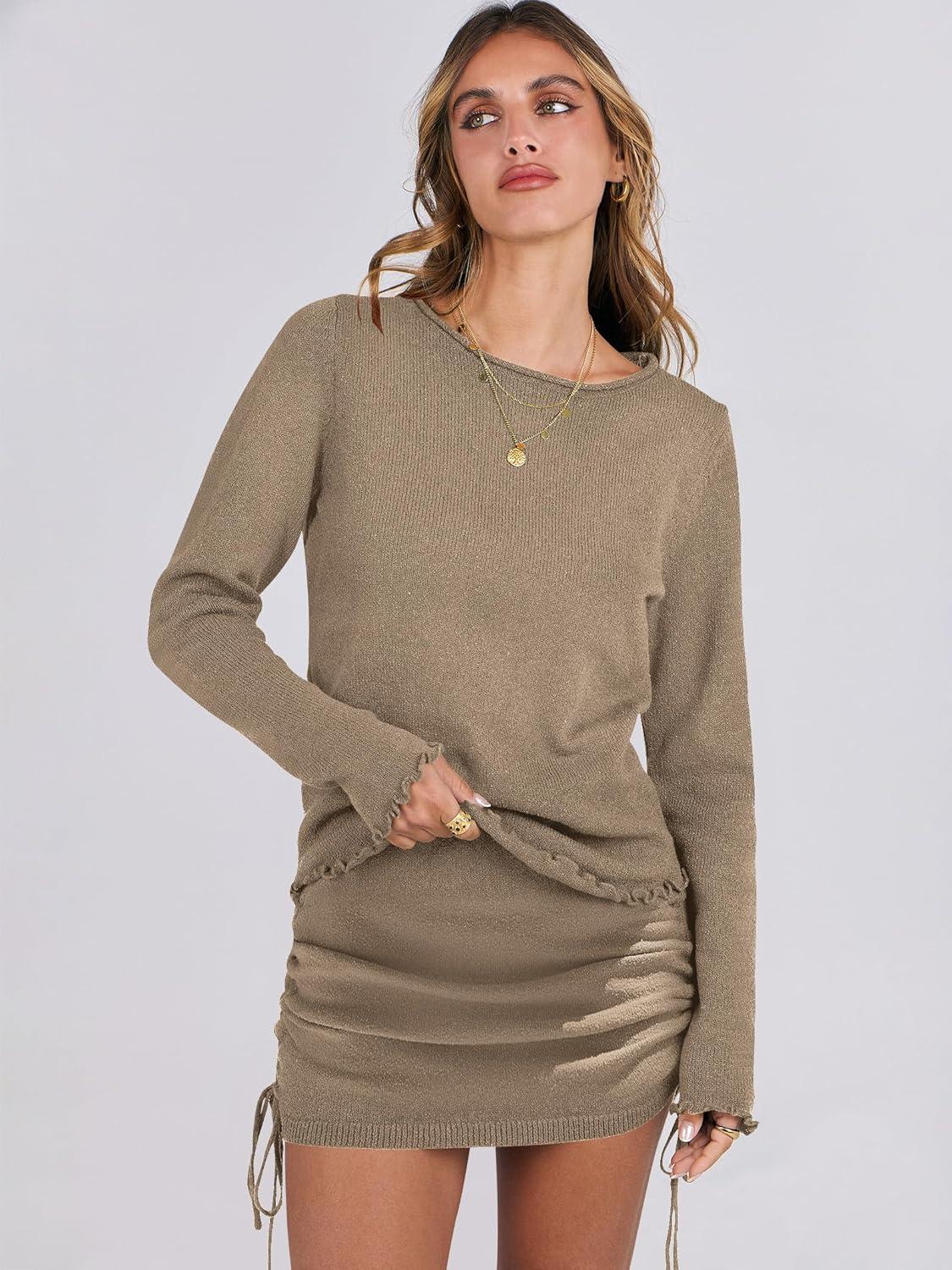 imageANRABESS Women Long Sleeve Skirt Sets 2025 Fall Sweater Lounge Sets 2 Piece Beach Vacation OutfitsCoffee