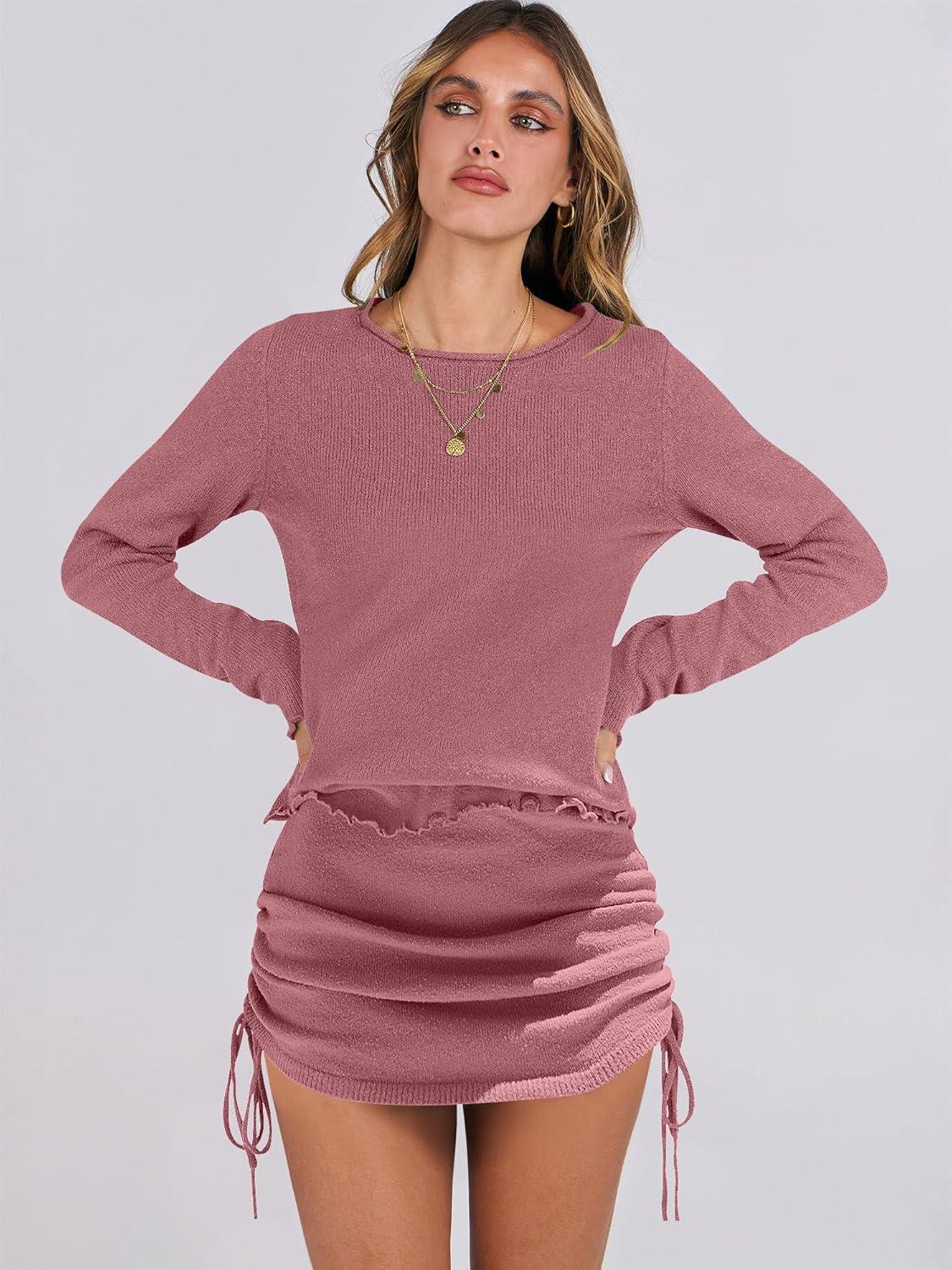 imageANRABESS Women Long Sleeve Skirt Sets 2025 Fall Sweater Lounge Sets 2 Piece Beach Vacation OutfitsDeep Pink