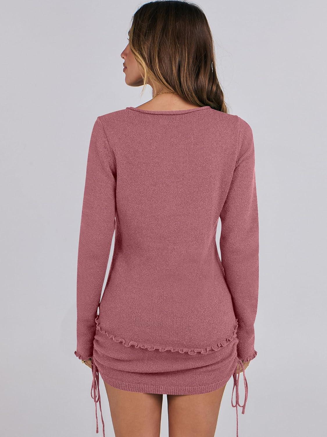 imageANRABESS Women Long Sleeve Skirt Sets 2025 Fall Sweater Lounge Sets 2 Piece Beach Vacation OutfitsDeep Pink