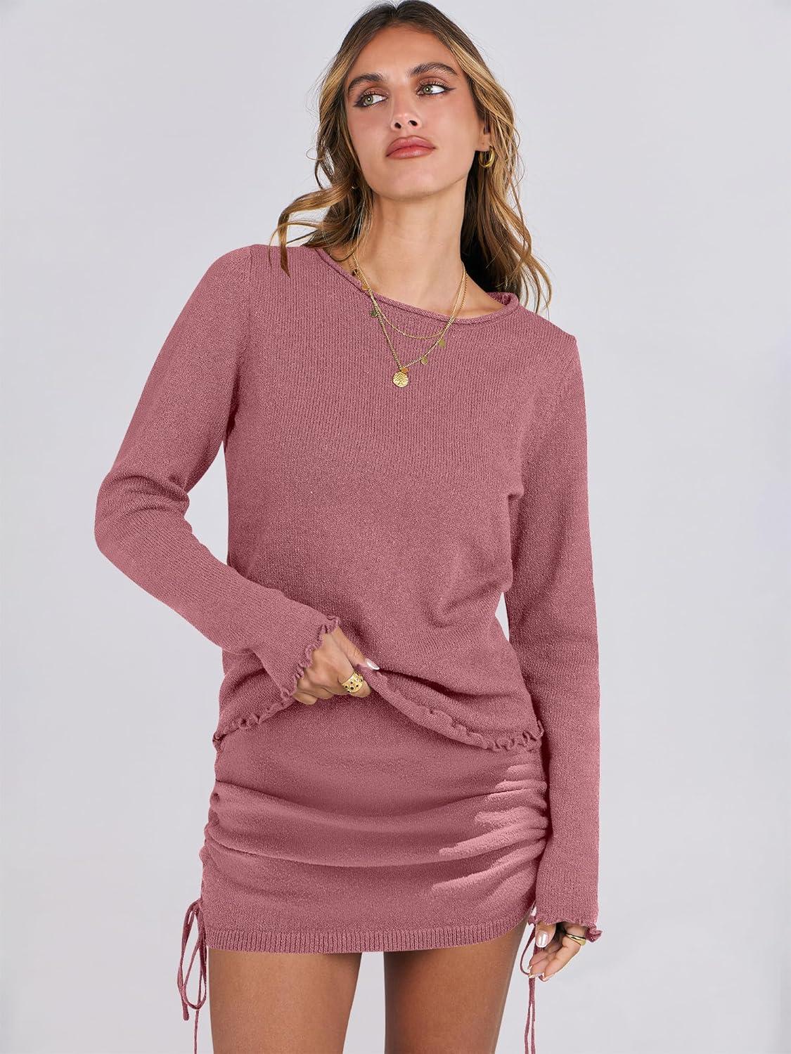 imageANRABESS Women Long Sleeve Skirt Sets 2025 Fall Sweater Lounge Sets 2 Piece Beach Vacation OutfitsDeep Pink