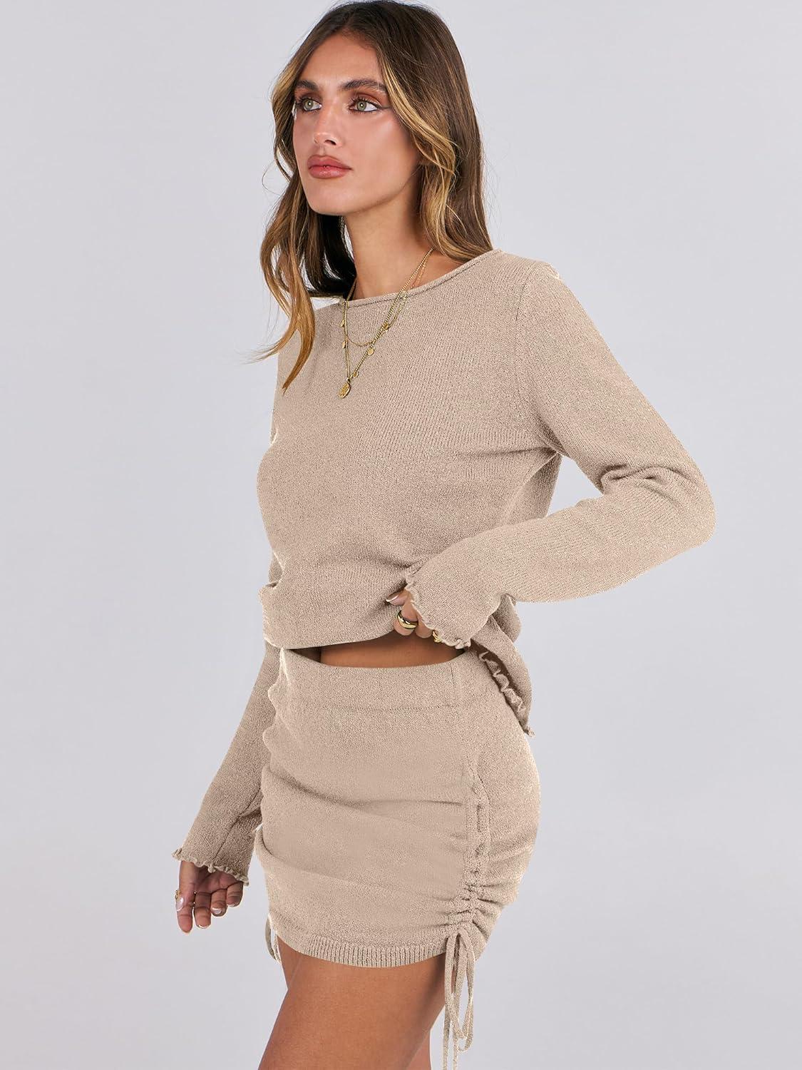 imageANRABESS Women Long Sleeve Skirt Sets 2025 Fall Sweater Lounge Sets 2 Piece Beach Vacation OutfitsKhaki