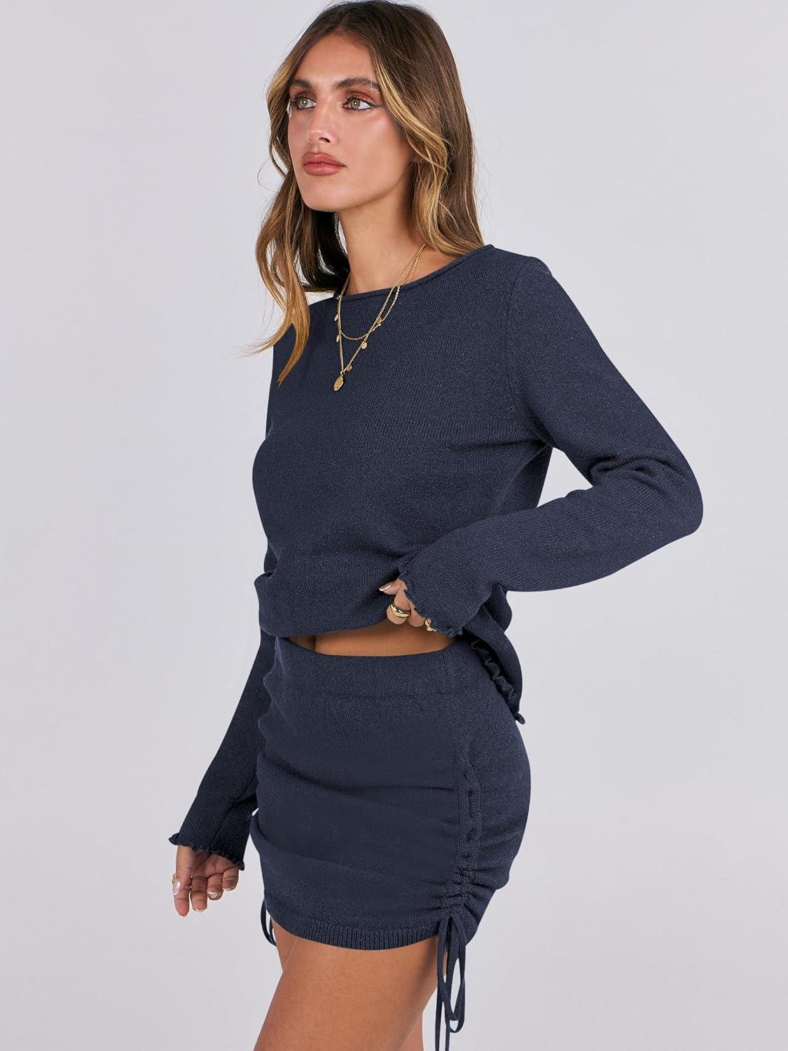imageANRABESS Women Long Sleeve Skirt Sets 2025 Fall Sweater Lounge Sets 2 Piece Beach Vacation OutfitsNavy Blue