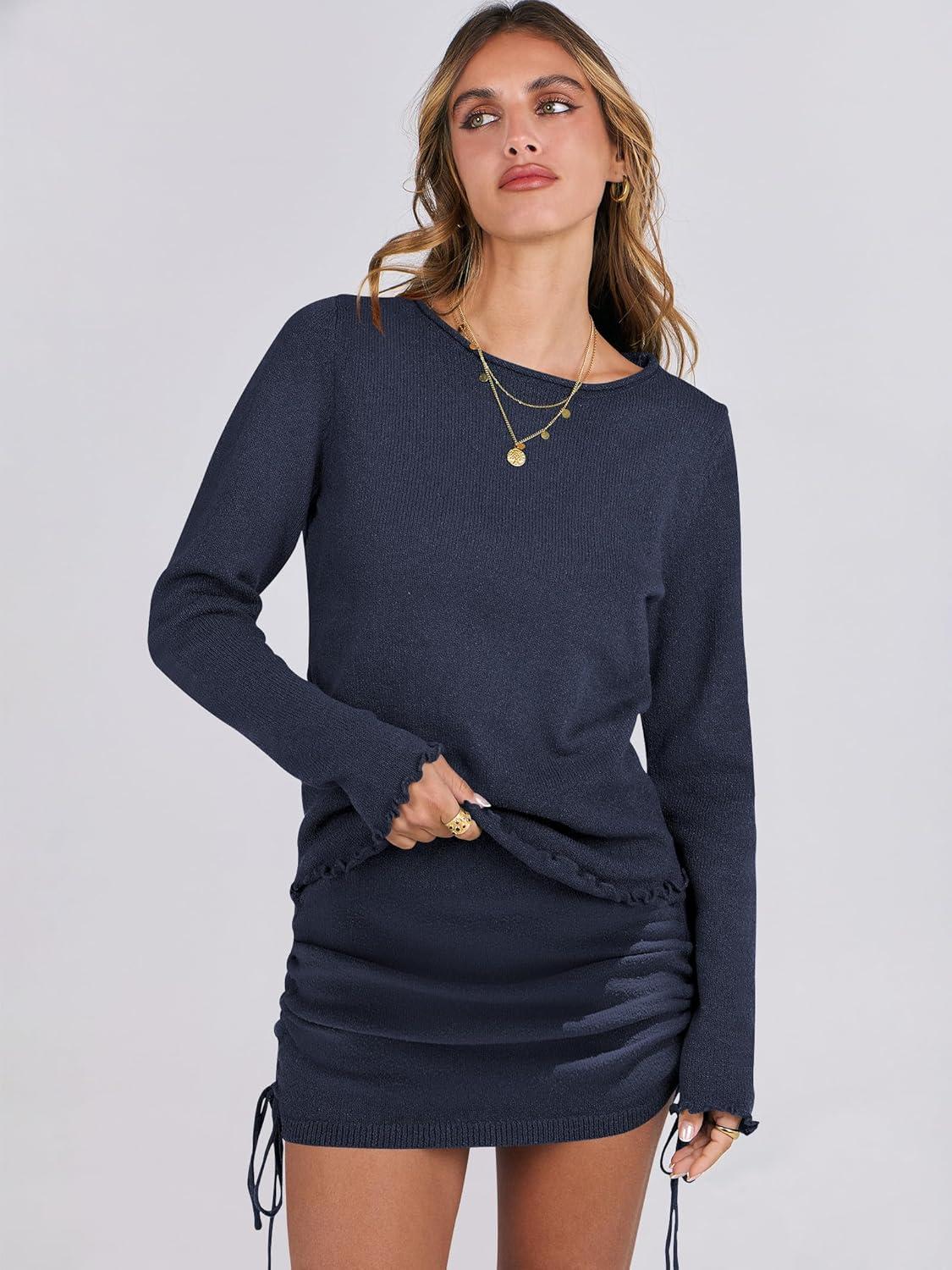 imageANRABESS Women Long Sleeve Skirt Sets 2025 Fall Sweater Lounge Sets 2 Piece Beach Vacation OutfitsNavy Blue