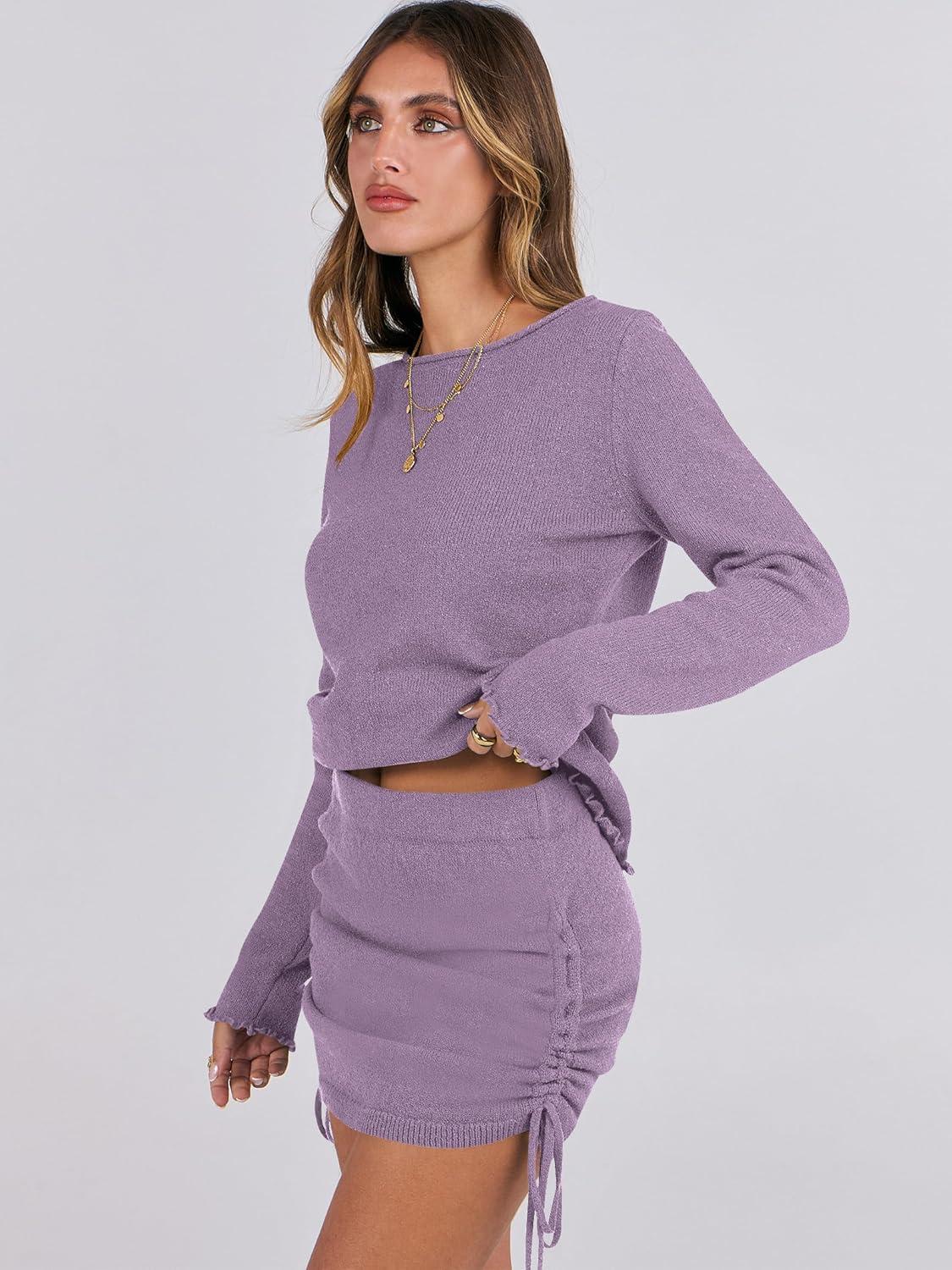 imageANRABESS Women Long Sleeve Skirt Sets 2025 Fall Sweater Lounge Sets 2 Piece Beach Vacation OutfitsPurple