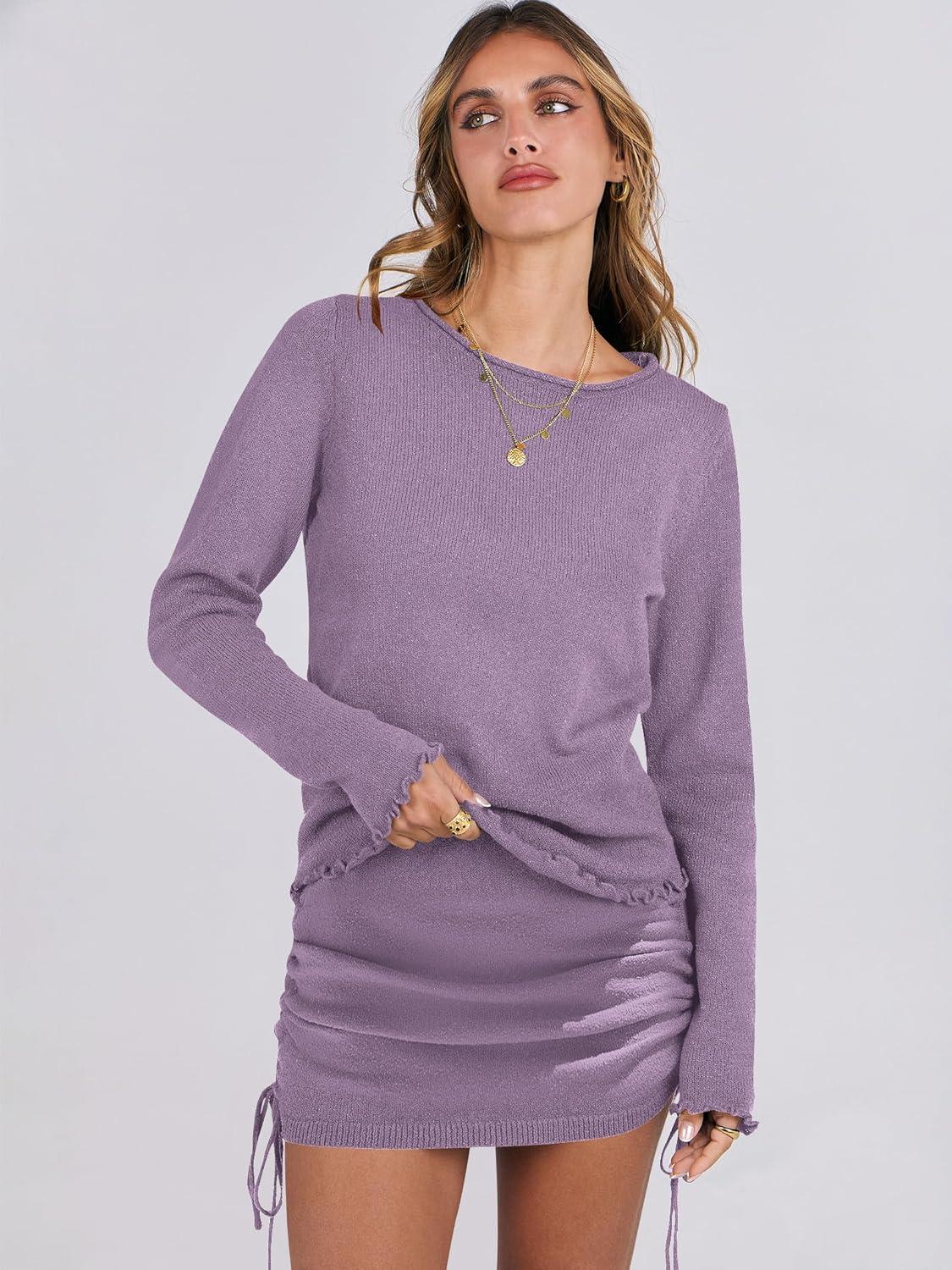 imageANRABESS Women Long Sleeve Skirt Sets 2025 Fall Sweater Lounge Sets 2 Piece Beach Vacation OutfitsPurple