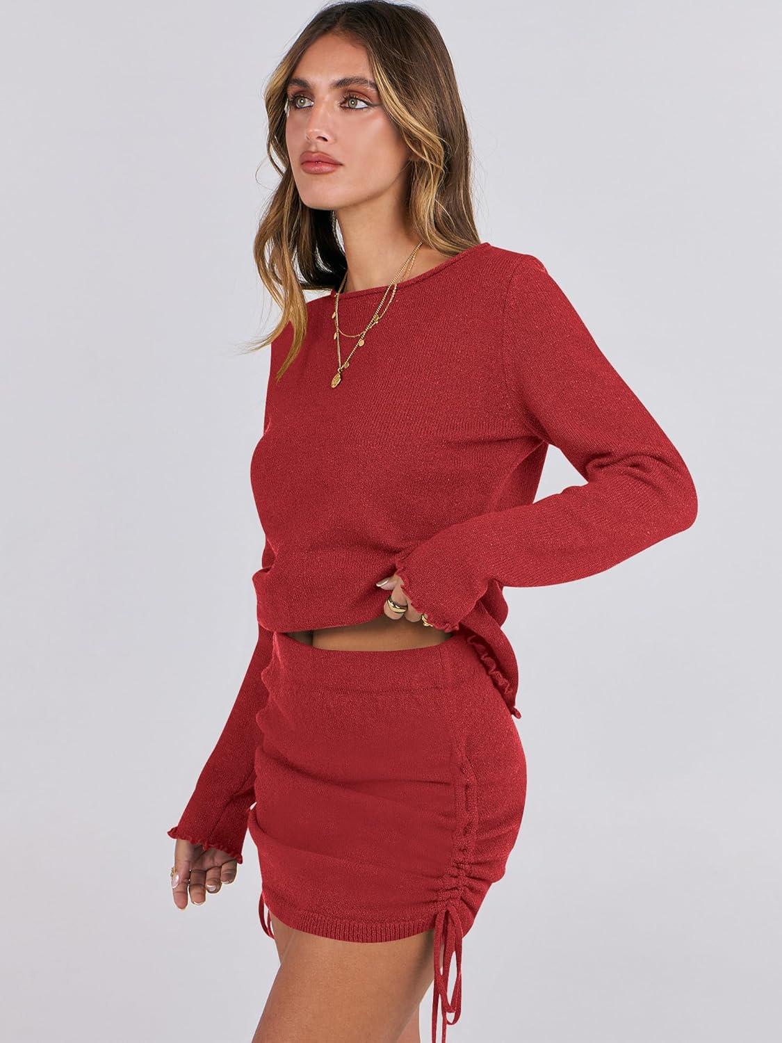 imageANRABESS Women Long Sleeve Skirt Sets 2025 Fall Sweater Lounge Sets 2 Piece Beach Vacation OutfitsRed