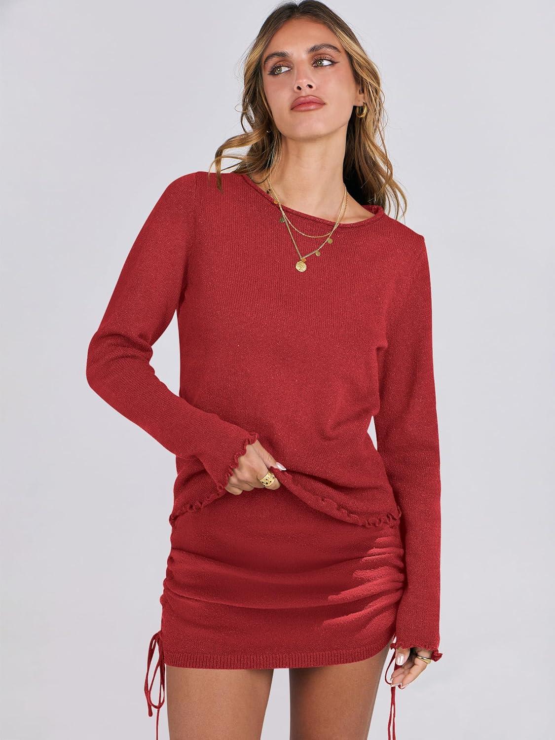 imageANRABESS Women Long Sleeve Skirt Sets 2025 Fall Sweater Lounge Sets 2 Piece Beach Vacation OutfitsRed