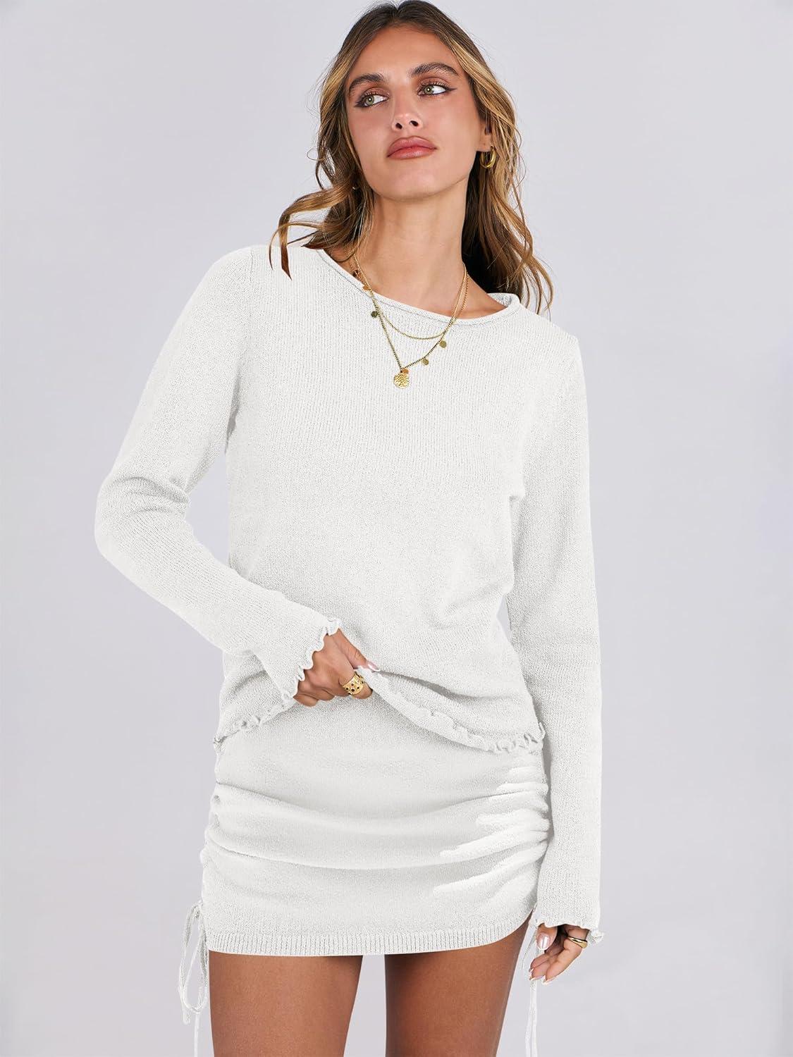 imageANRABESS Women Long Sleeve Skirt Sets 2025 Fall Sweater Lounge Sets 2 Piece Beach Vacation OutfitsWhite